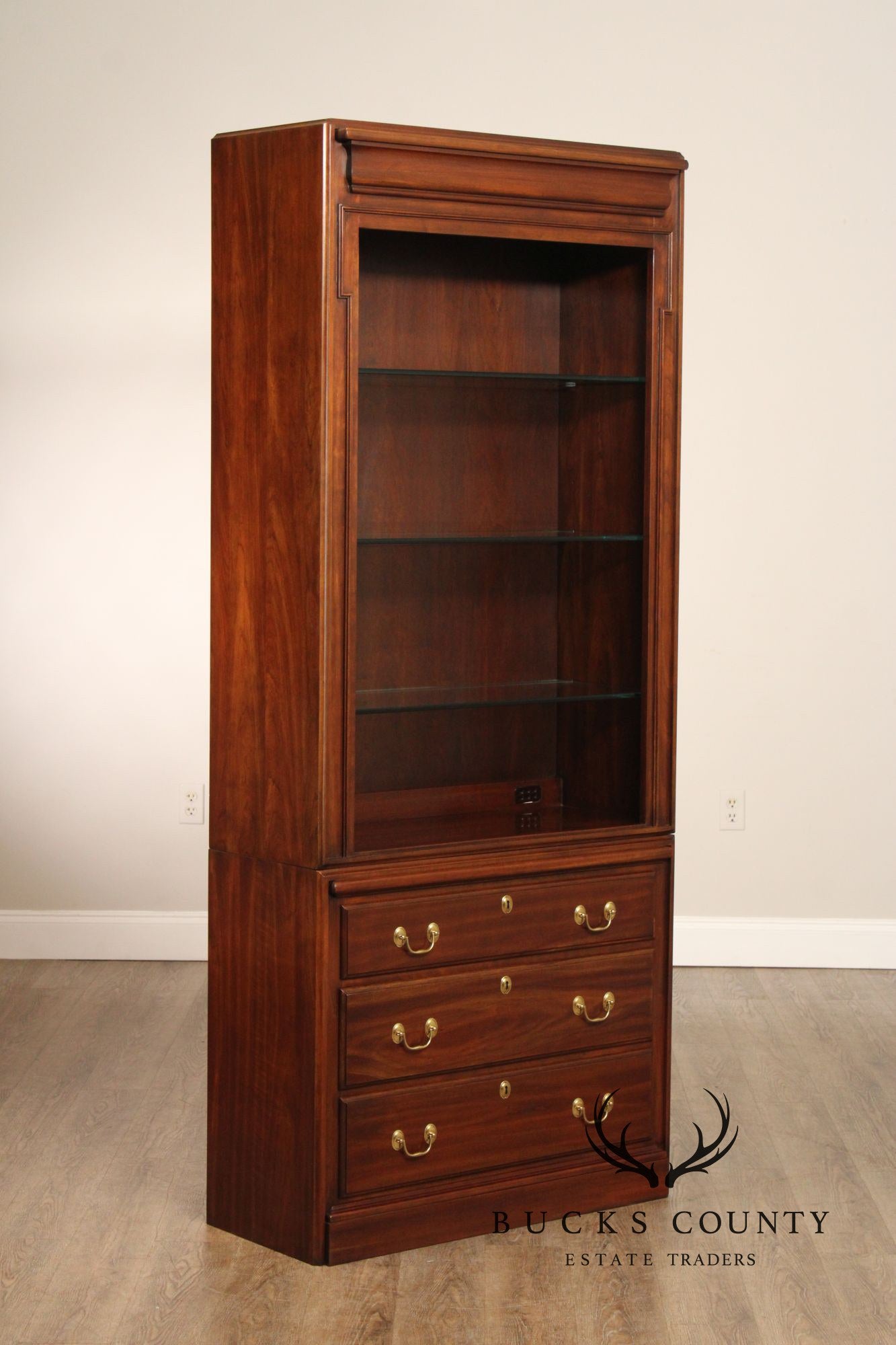 Harden Traditional Style Pair Of Cherry Lighted Display Bookcases