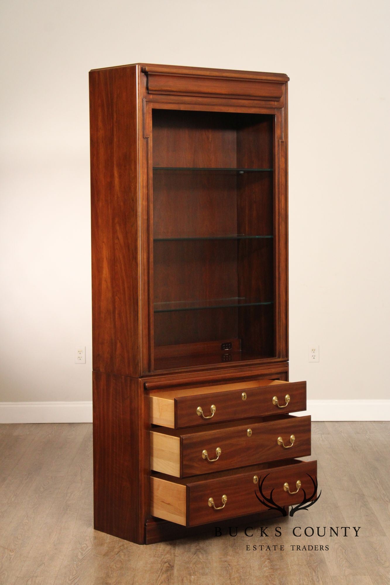 Harden Traditional Style Pair Of Cherry Lighted Display Bookcases