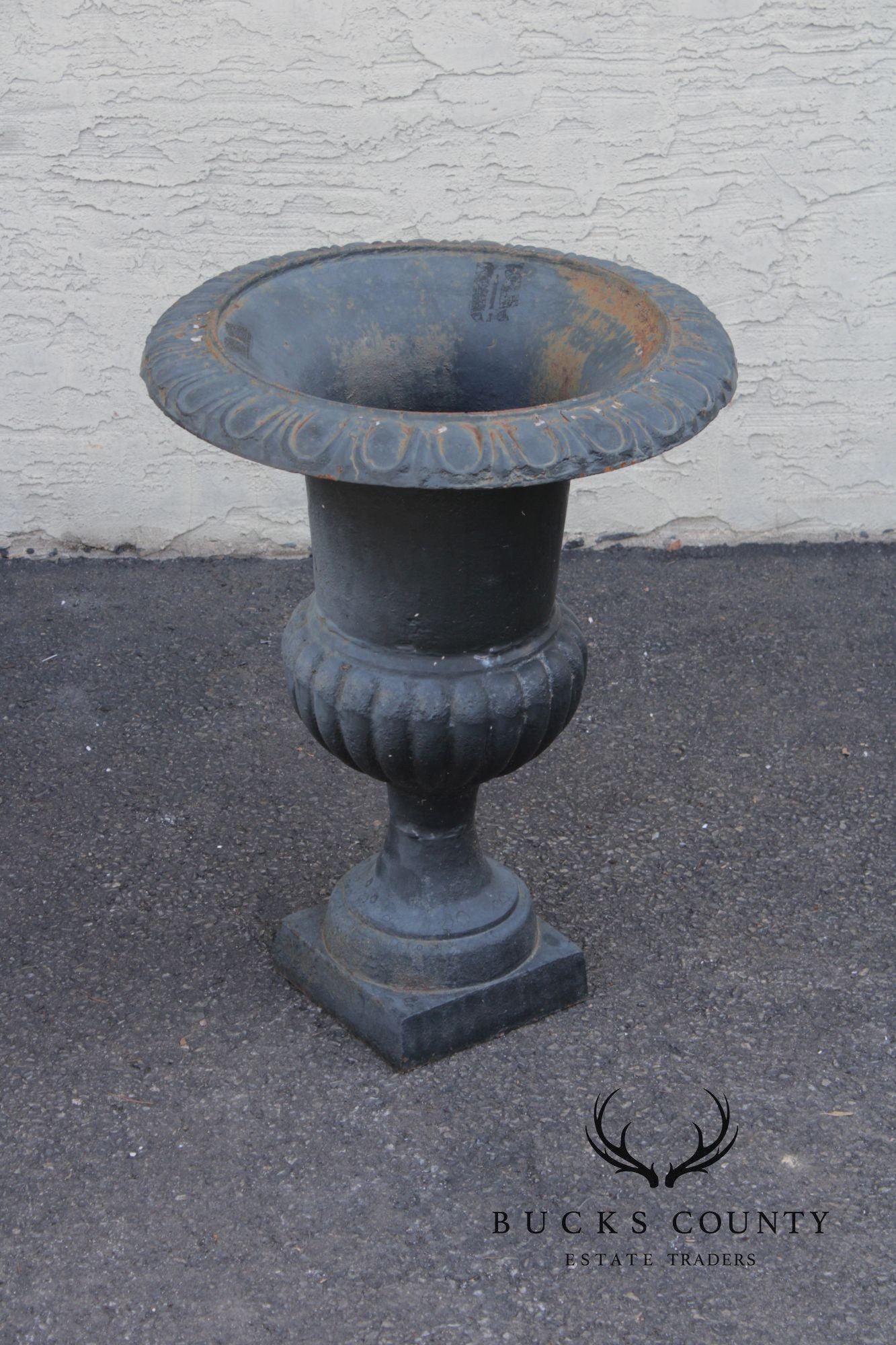 Neoclassical Style Vintage Pair Cast Iron Garden Urn Planters