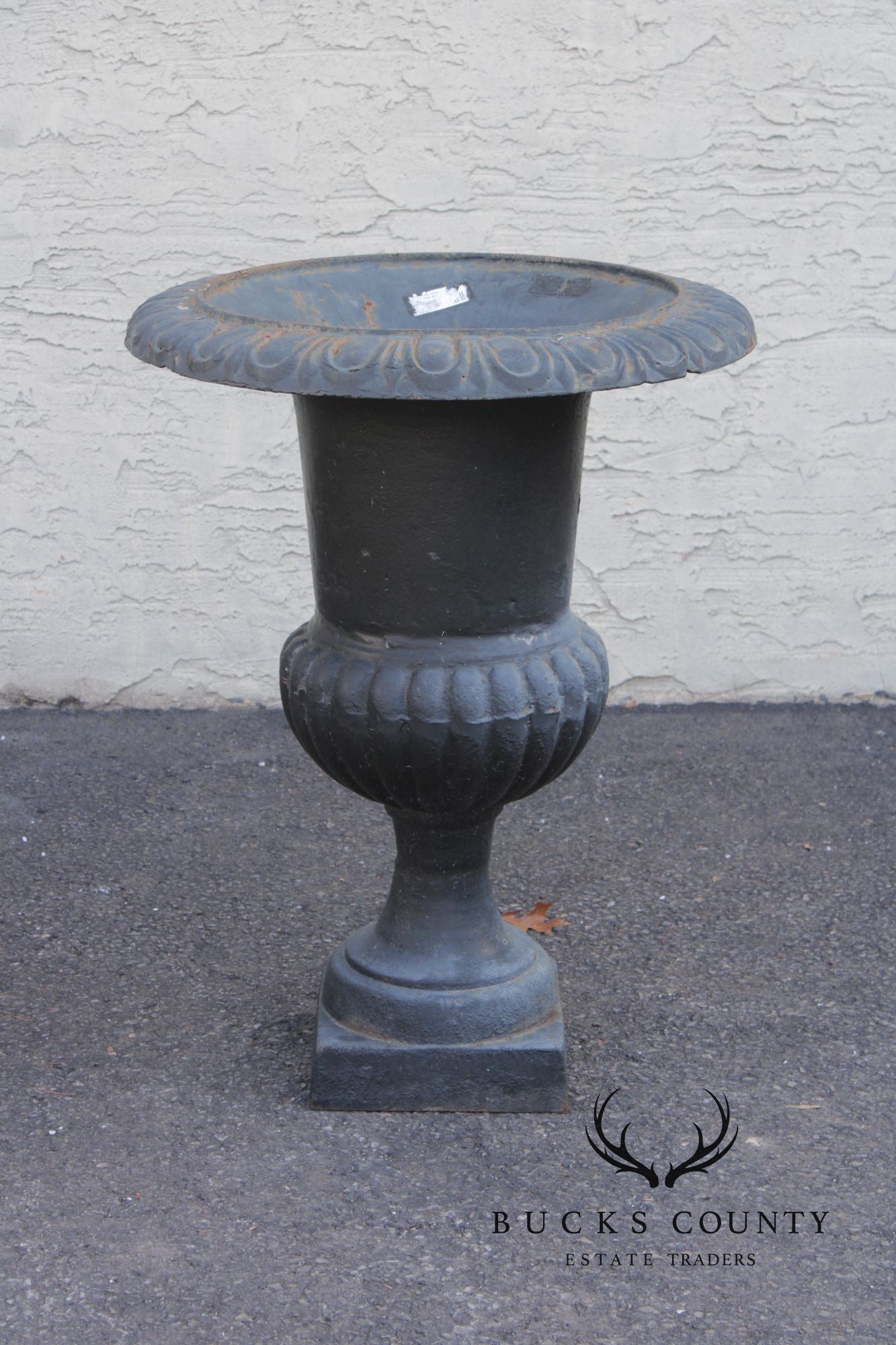 Neoclassical Style Vintage Pair Cast Iron Garden Urn Planters