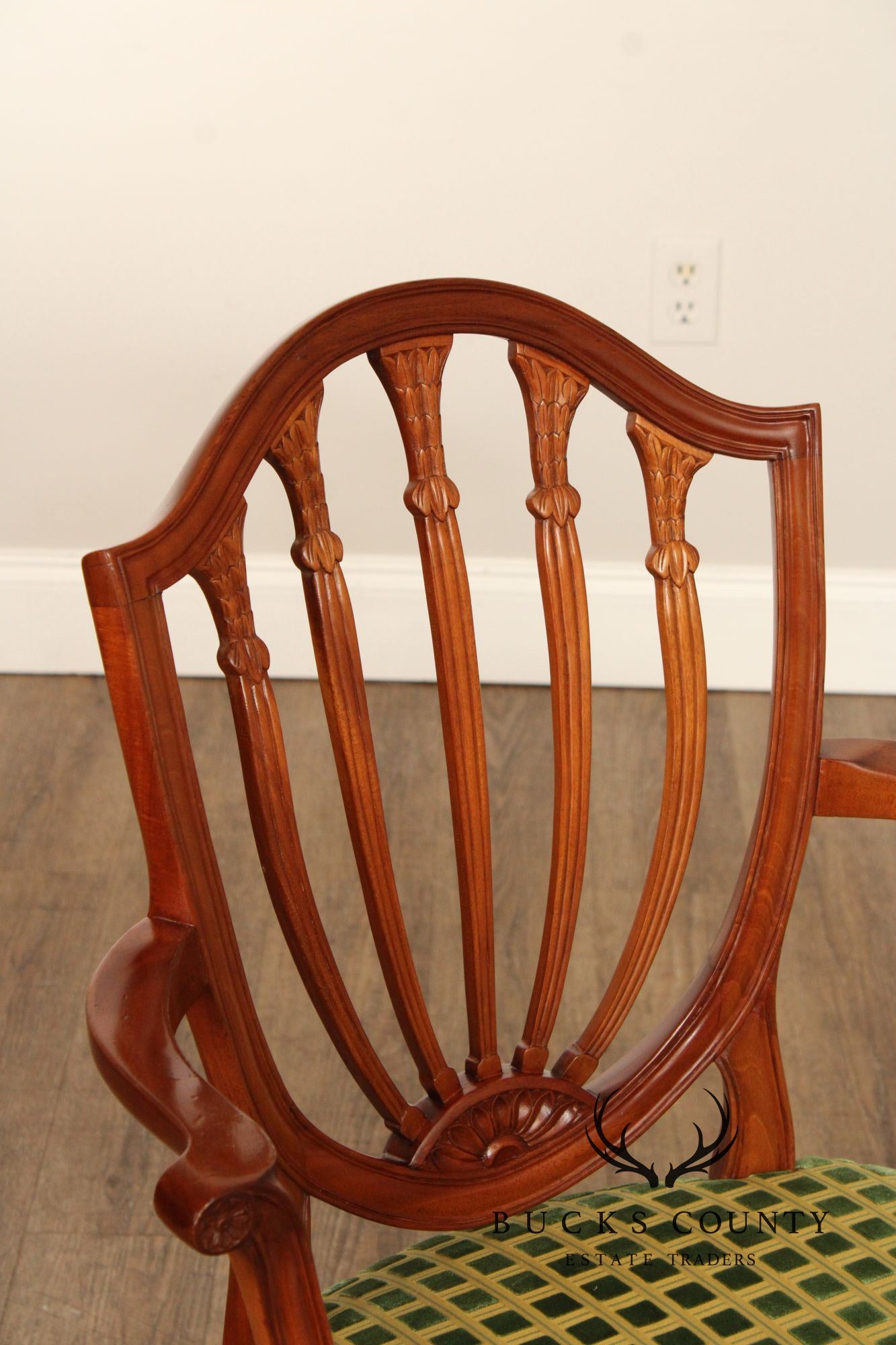 Hepplewhite Style Set of Four Carved Mahogany Shield Back Dining Chairs