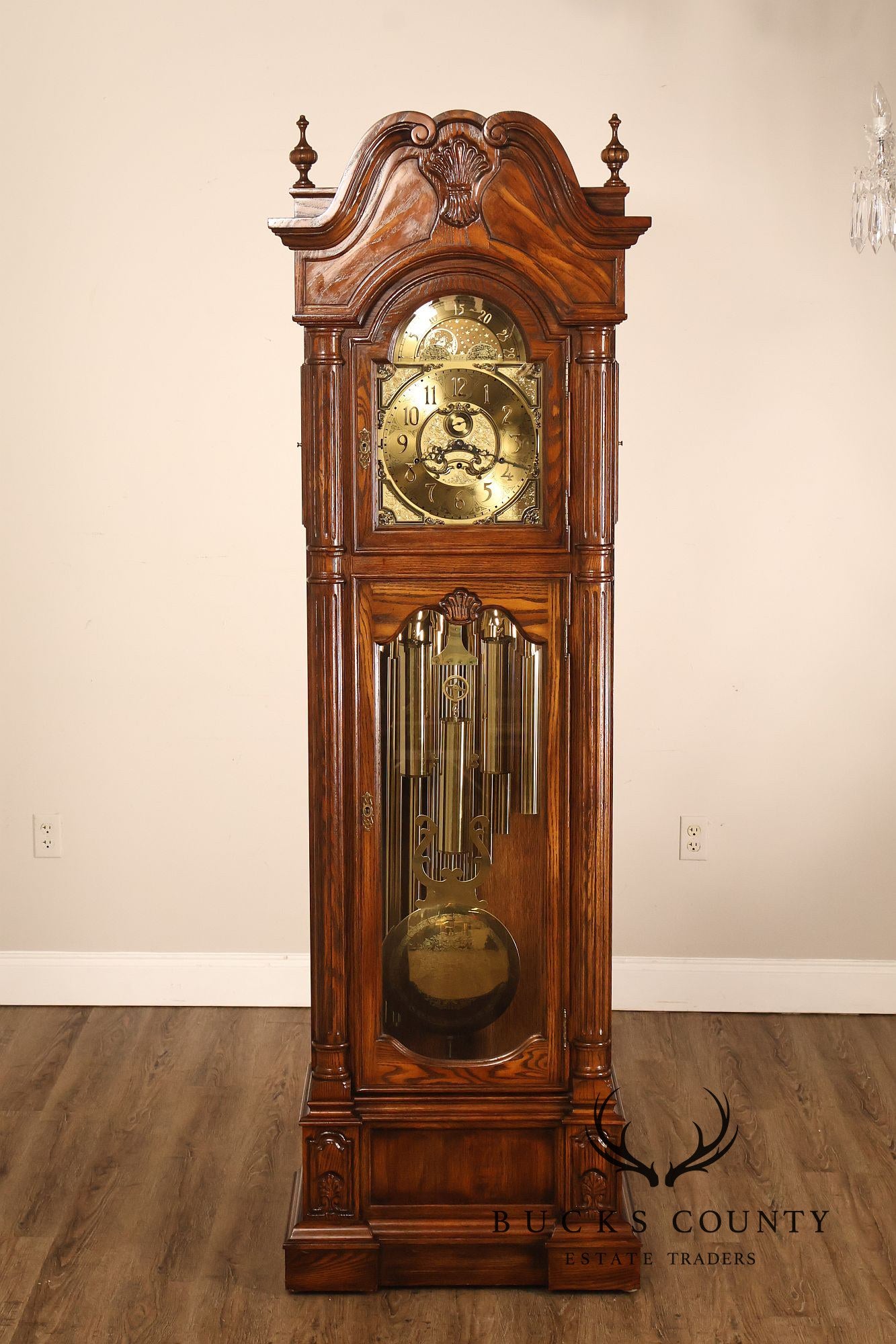 Sligh Traditional Oak Triple Chime Grandfather Clock With Moon Phase Dial