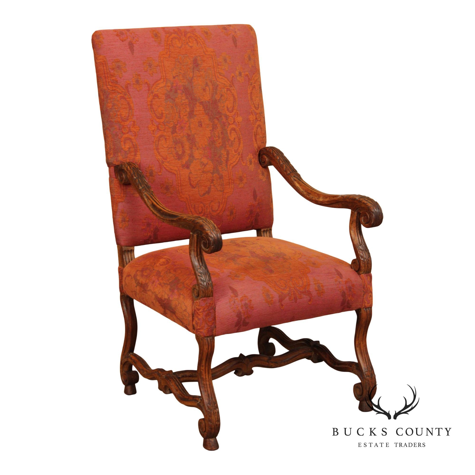 Baroque Style Carved Open Armchair With Upholstered Seat And Back