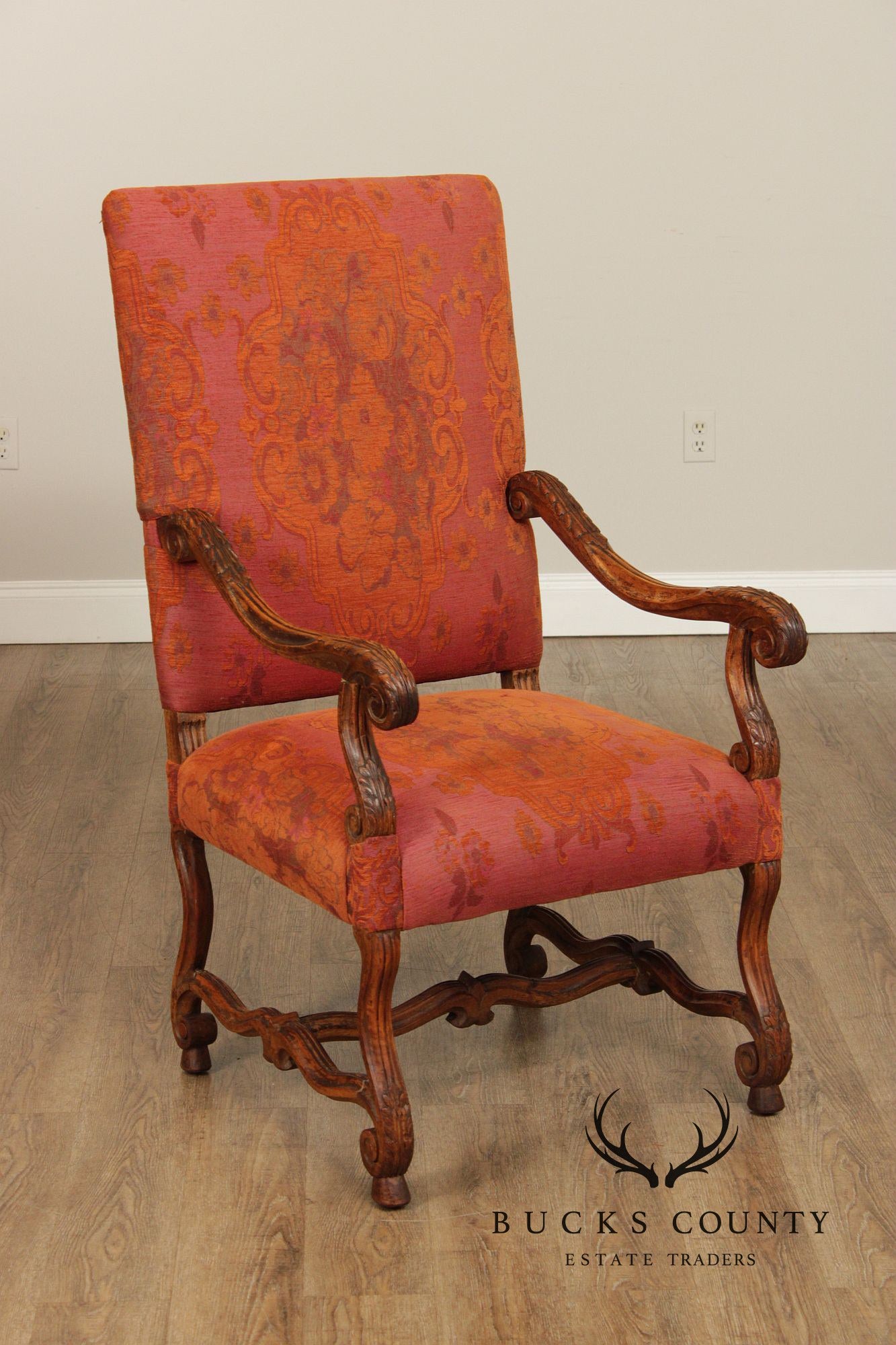 Baroque Style Carved Open Armchair With Upholstered Seat And Back