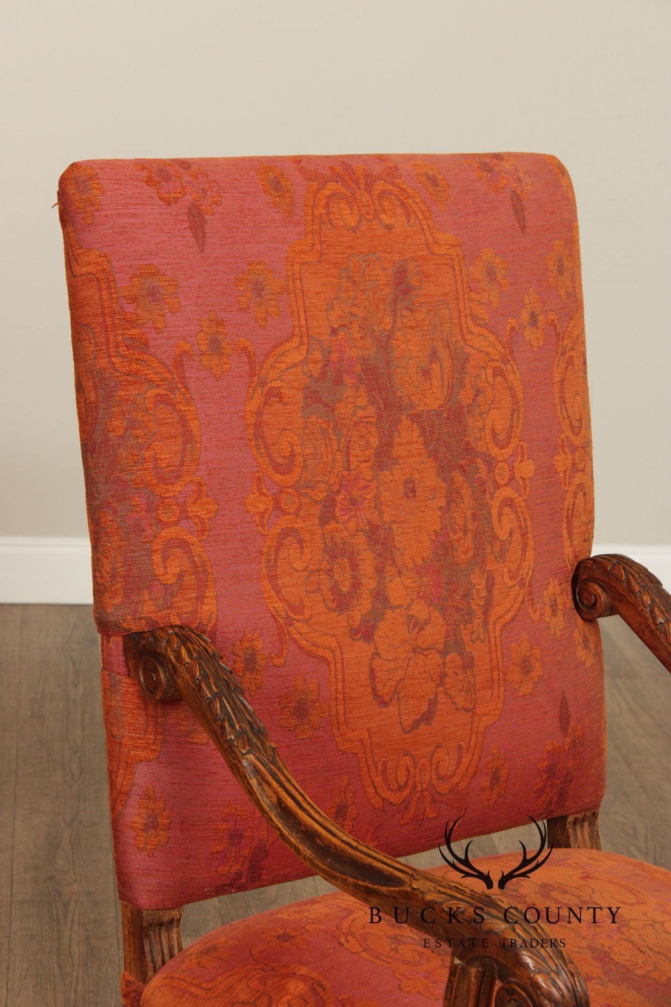 Baroque Style Carved Open Armchair With Upholstered Seat And Back