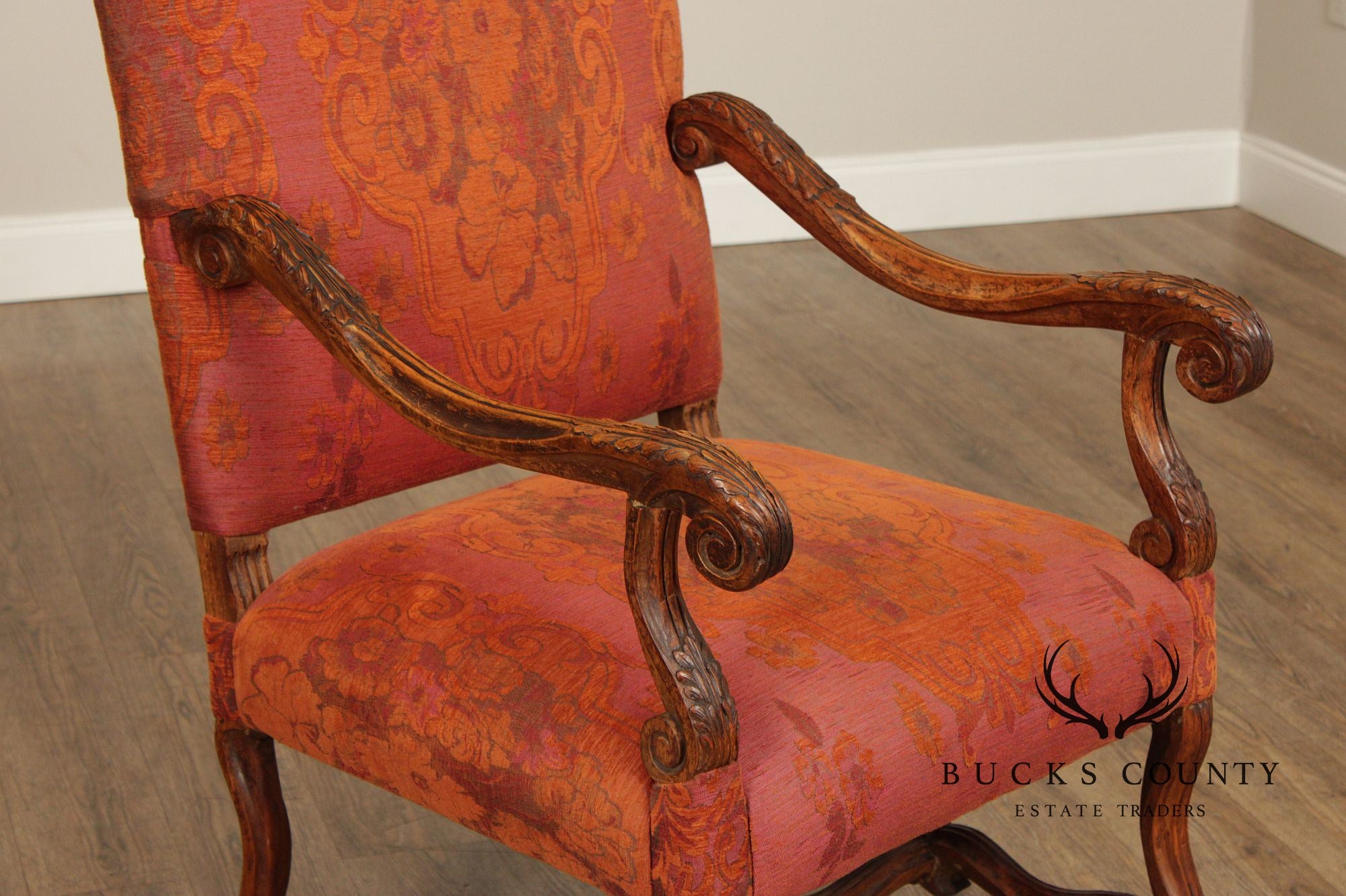Baroque Style Carved Open Armchair With Upholstered Seat And Back