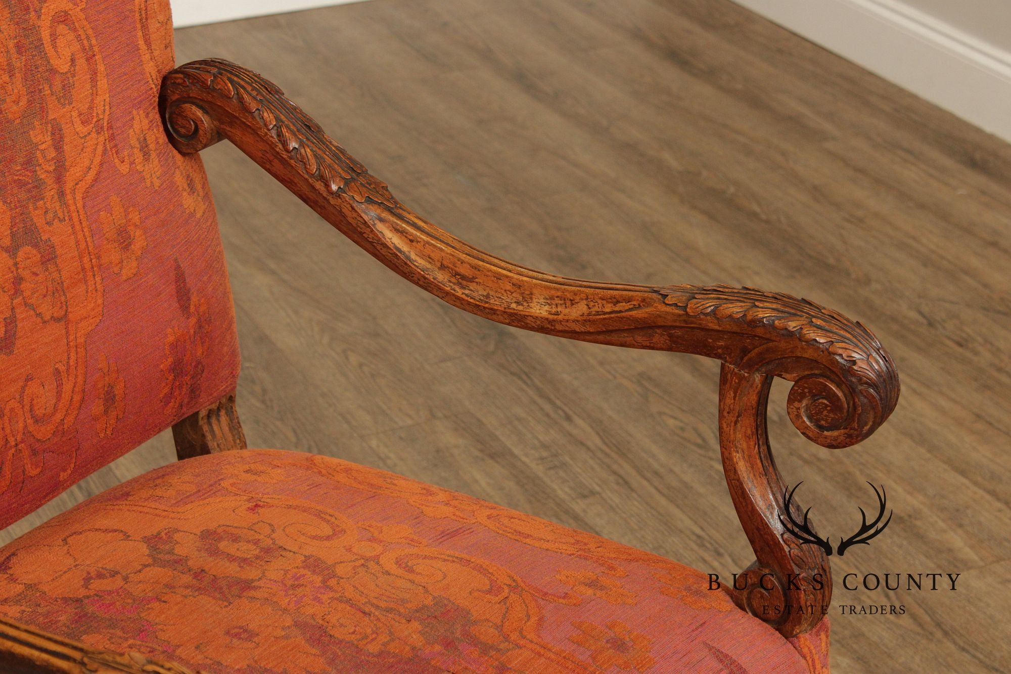Baroque Style Carved Open Armchair With Upholstered Seat And Back