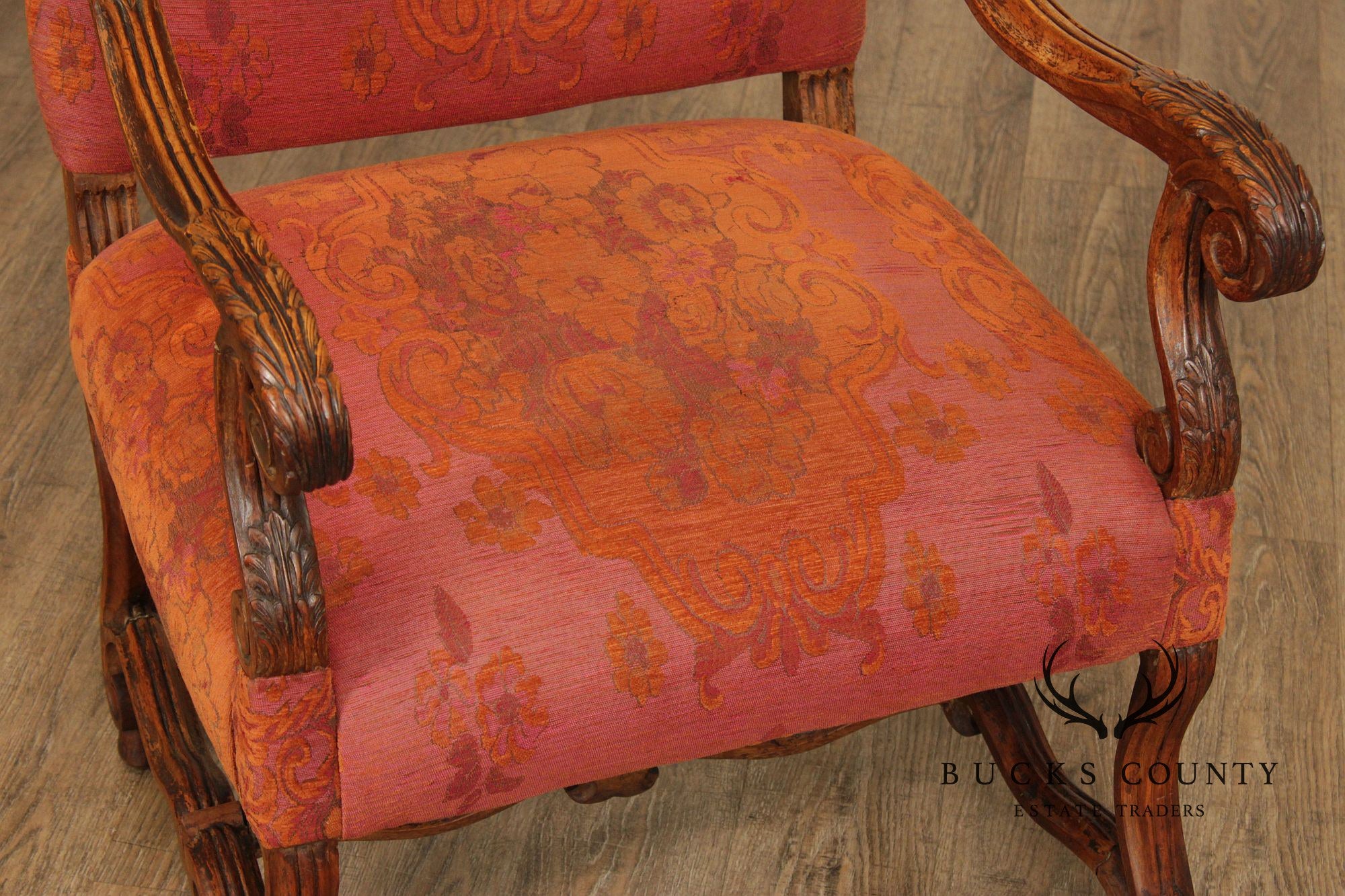 Baroque Style Carved Open Armchair With Upholstered Seat And Back