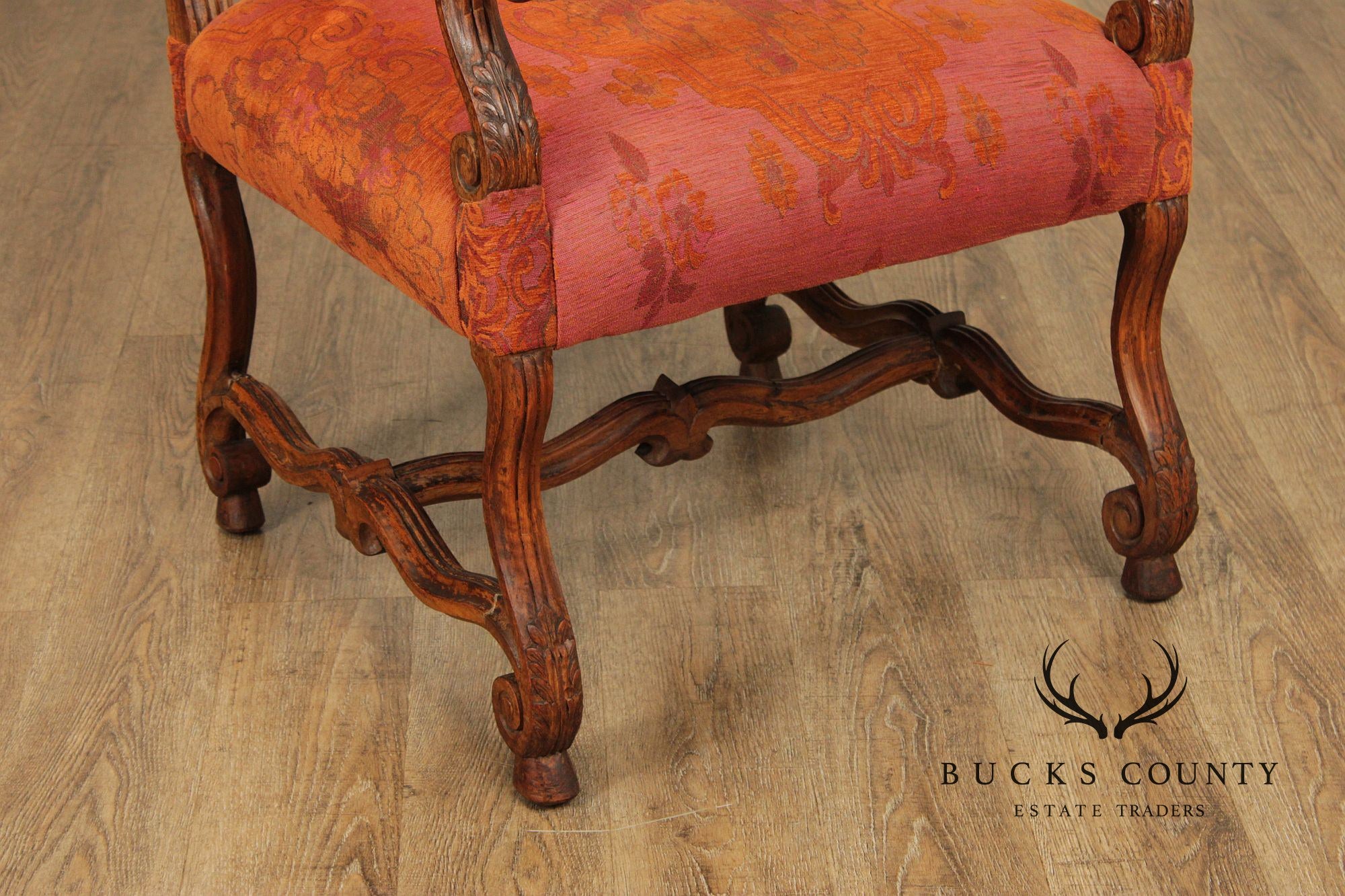 Baroque Style Carved Open Armchair With Upholstered Seat And Back