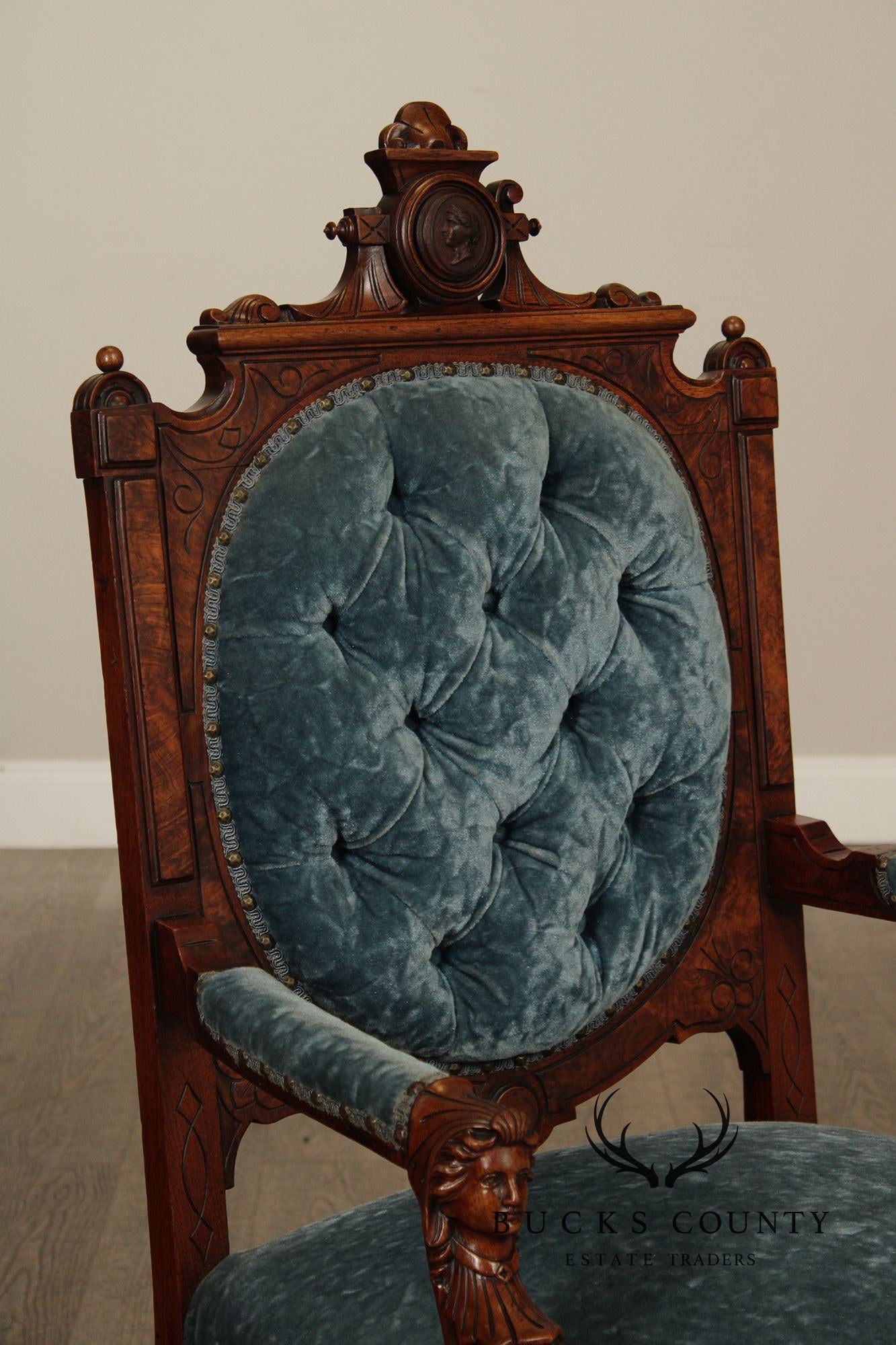 Antique Renaissance Revival Figural Carved Walnut Armchair
