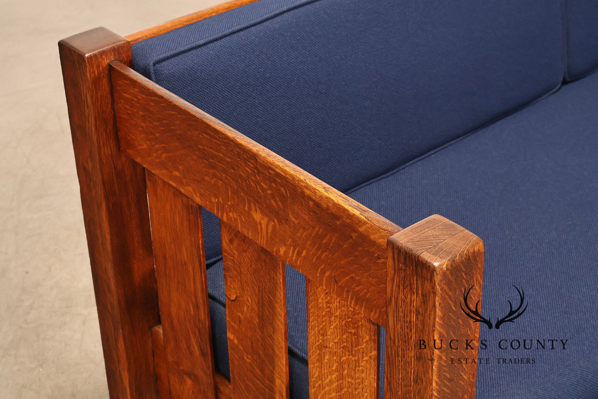 Phoenix Mission Style Quarter Sawn Oak Plank Sofa With Blue Cushions