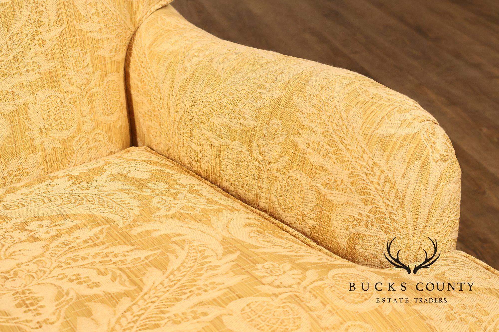 Custom Pair Of Skirted Damask Upholstered Lounge Chairs