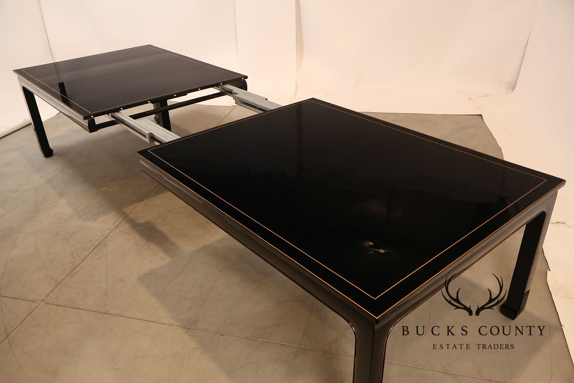 Custom Black Lacquered 12 Foot Extendable Dining Table With Gold Line Inlay