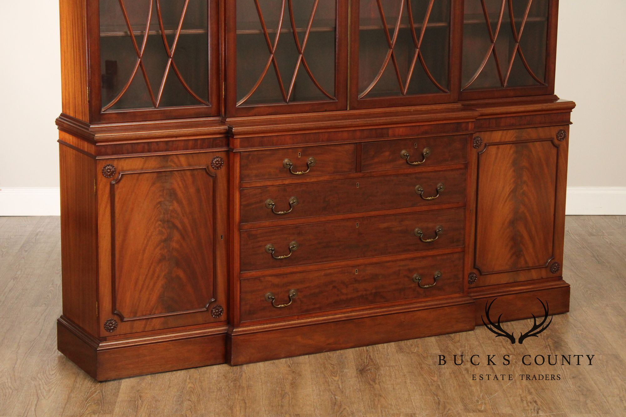 Regency Style Mahogany Breakfront Bookcase Cabinet