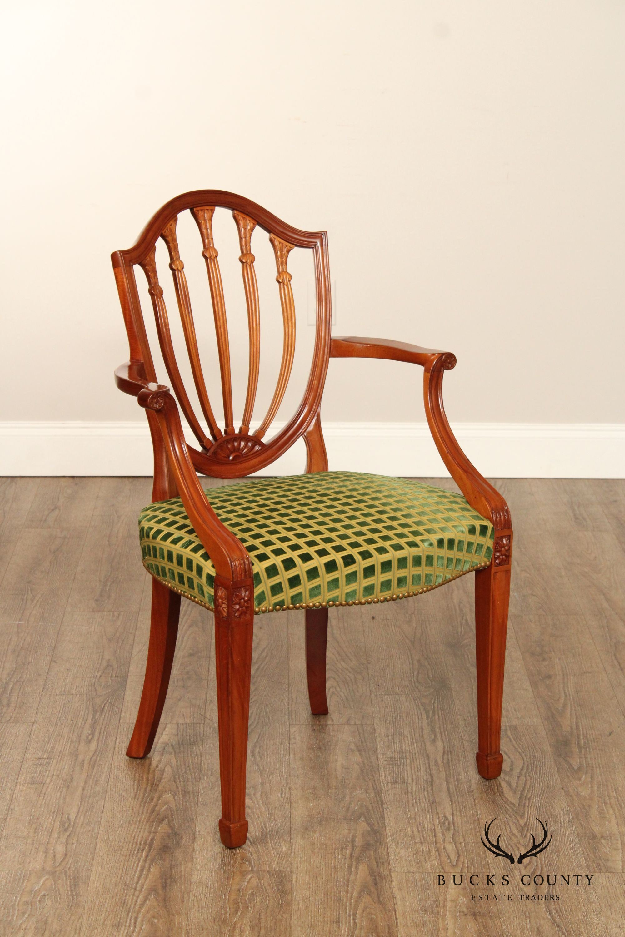 Hepplewhite Style Set of Four Carved Mahogany Shield Back Dining Chairs
