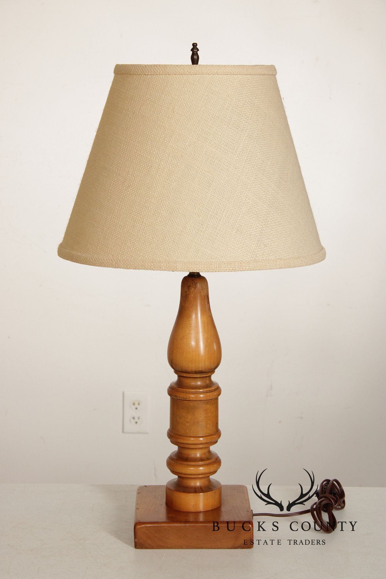 Colonial Revival Pair of Turned Cherry Wood Table Lamps