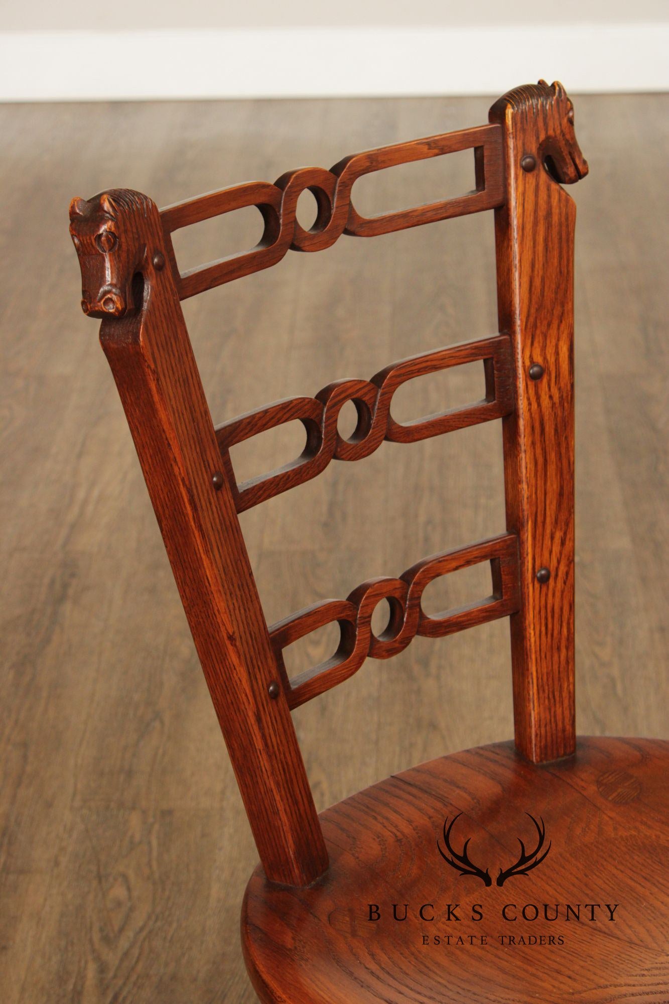 Romweber Set of Six Horse Carved Oak Dining Chairs