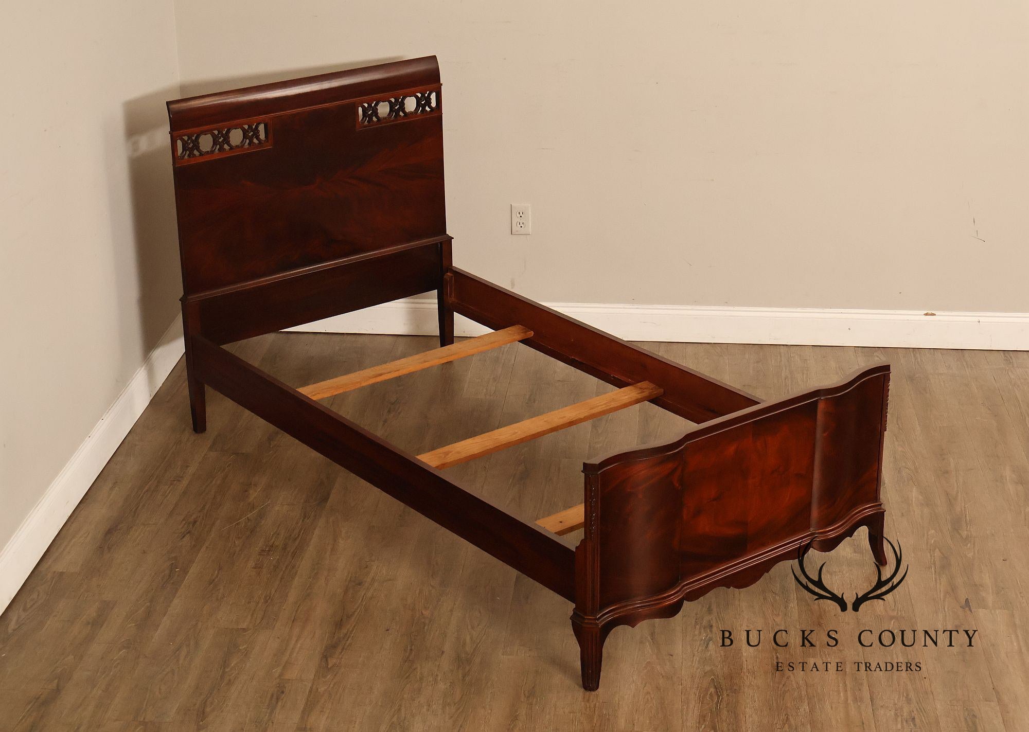 Pair of Vintage Flame Mahogany Twin Beds with Pierced Headboards, Circa 1940s
