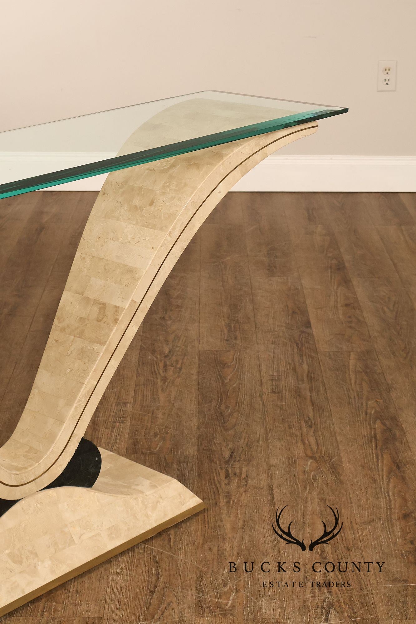Postmodern Glass Top Travertine Console Table