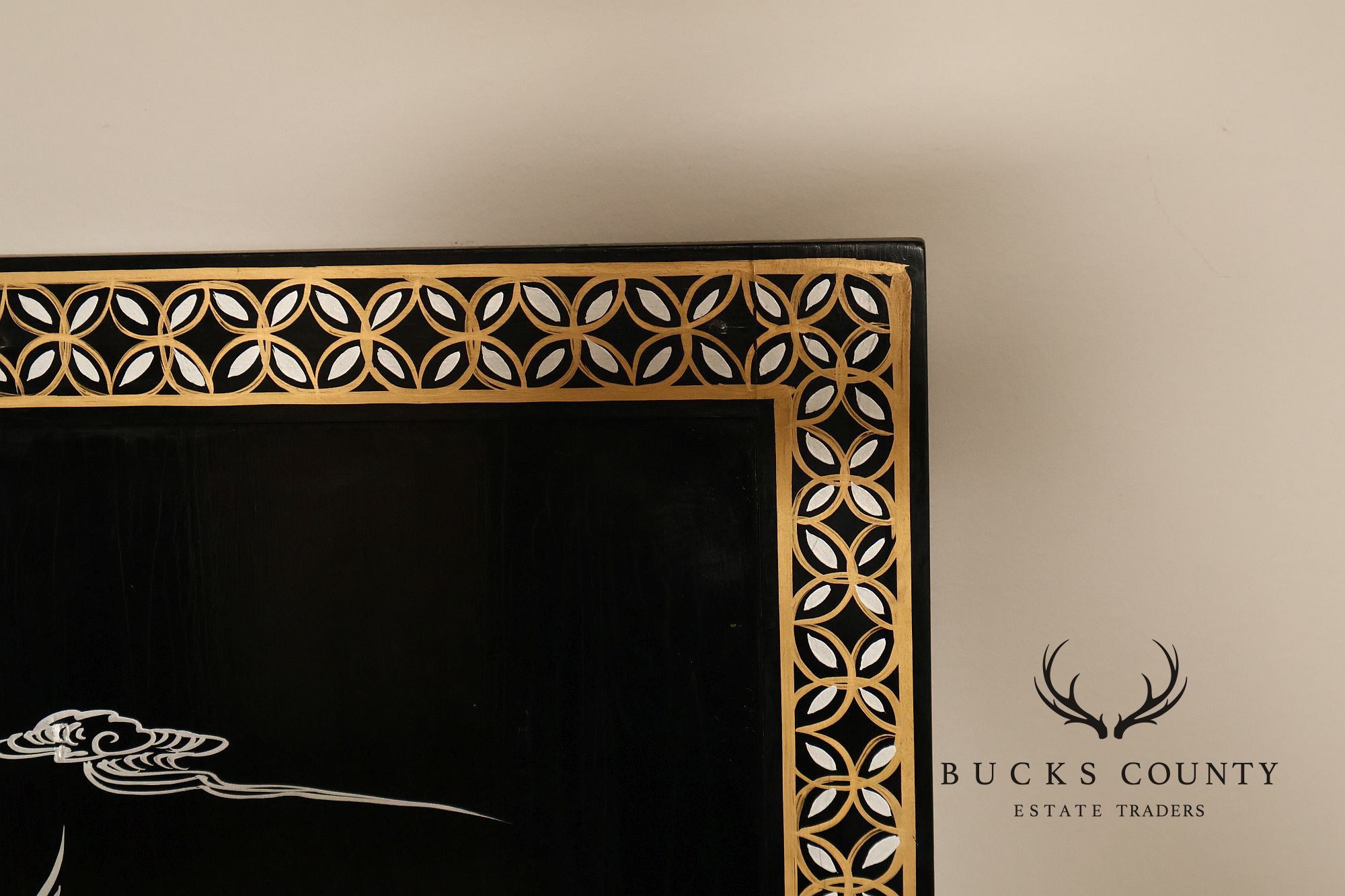 Asian Black Lacquer Vintage Pair Of Four Panel Folding Screens With Mother Of Pearl Inlay
