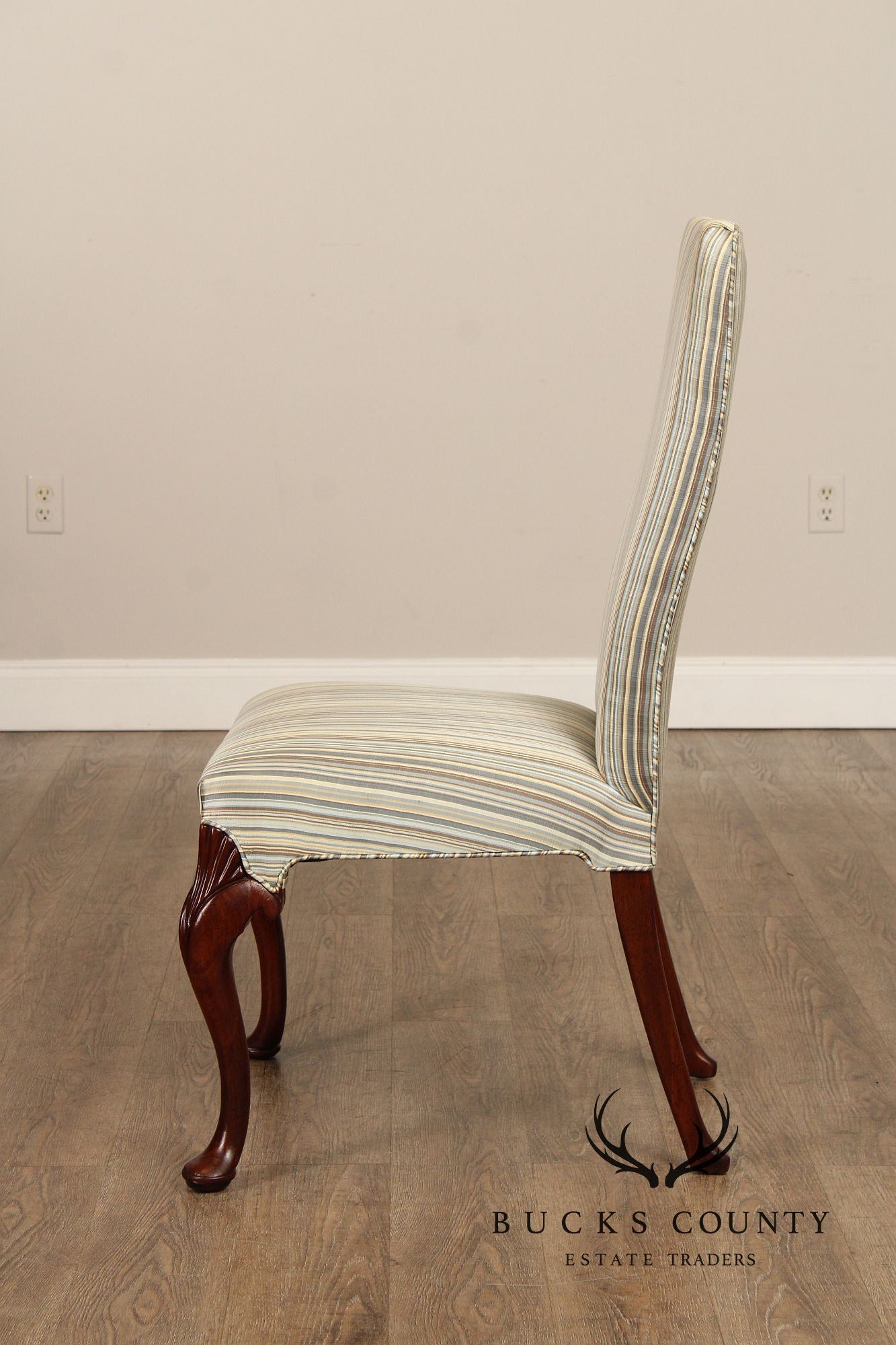 Queen Anne Style Pair of Carved Mahogany Upholstered Side Chairs