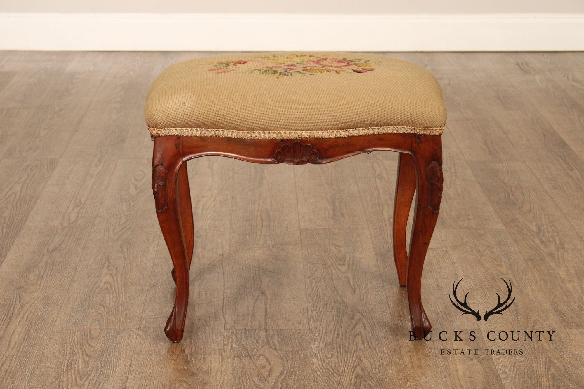 French Louis XV Style Antique Walnut Needlepoint Footstool