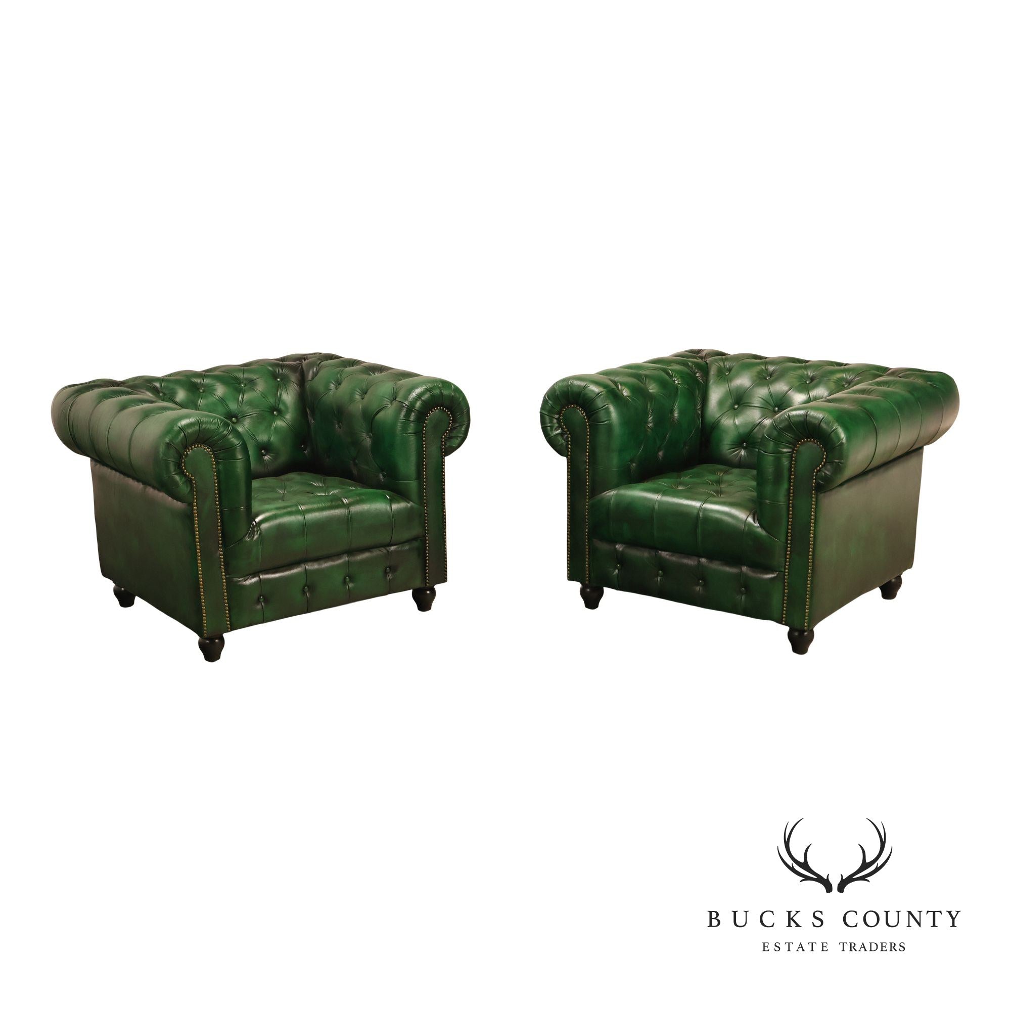 Chesterfield Style Pair of Green Leather Club Chairs