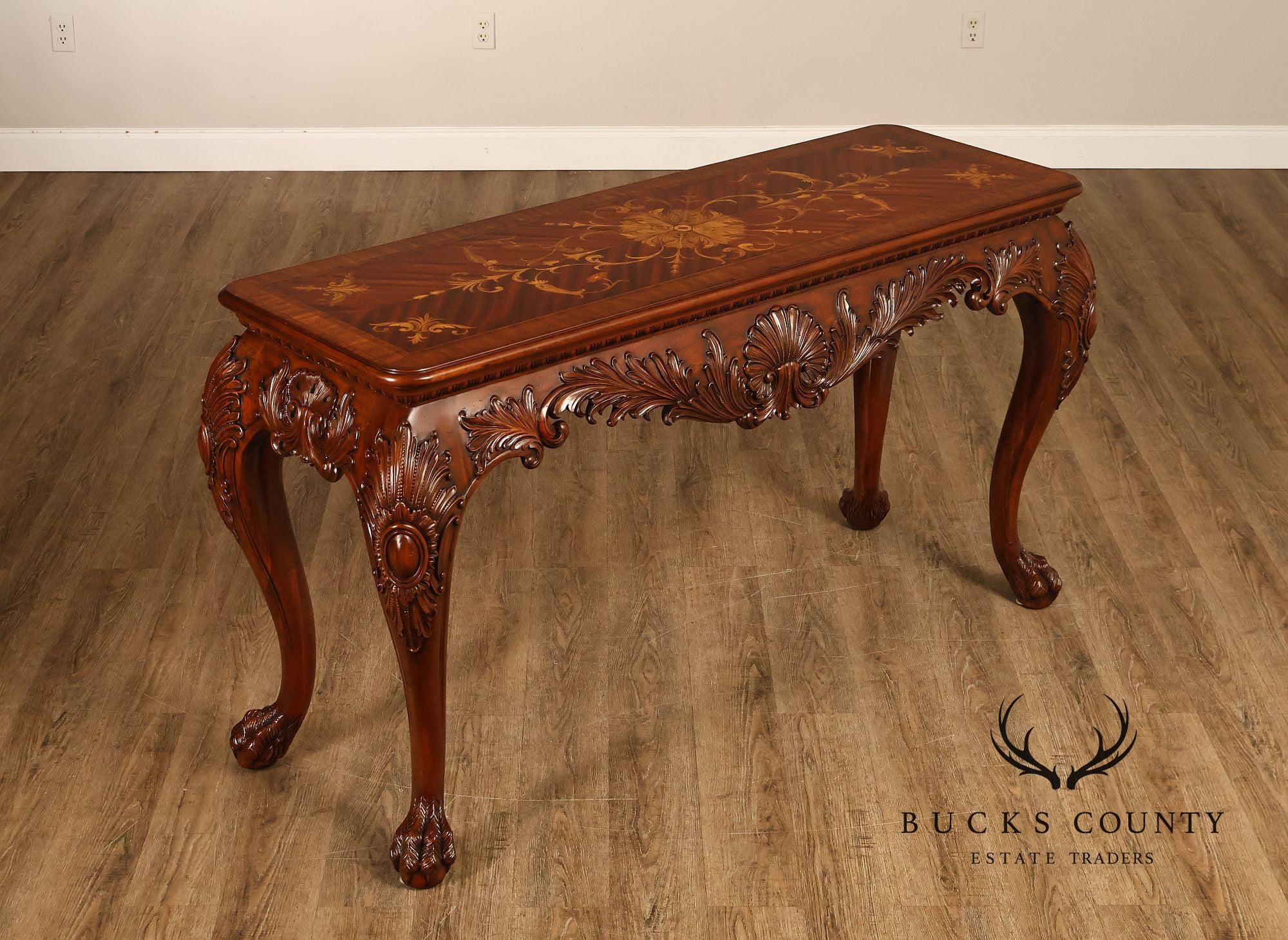 Maitland-Smith Georgian Style Carved Mahogany Inlaid Console Table