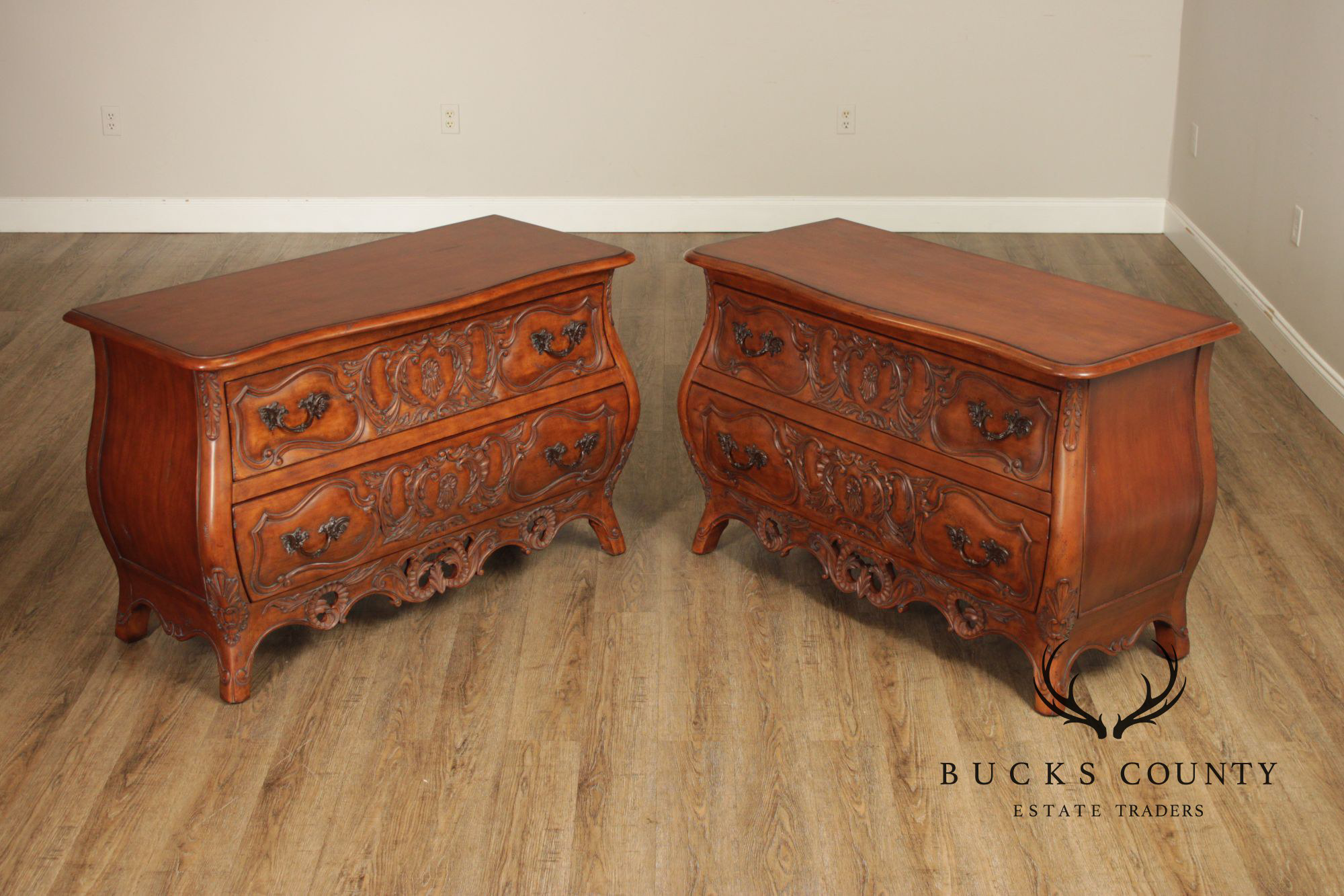Century Furniture 'Coeur de France' Pair of Carved Cherry Bombe Chests