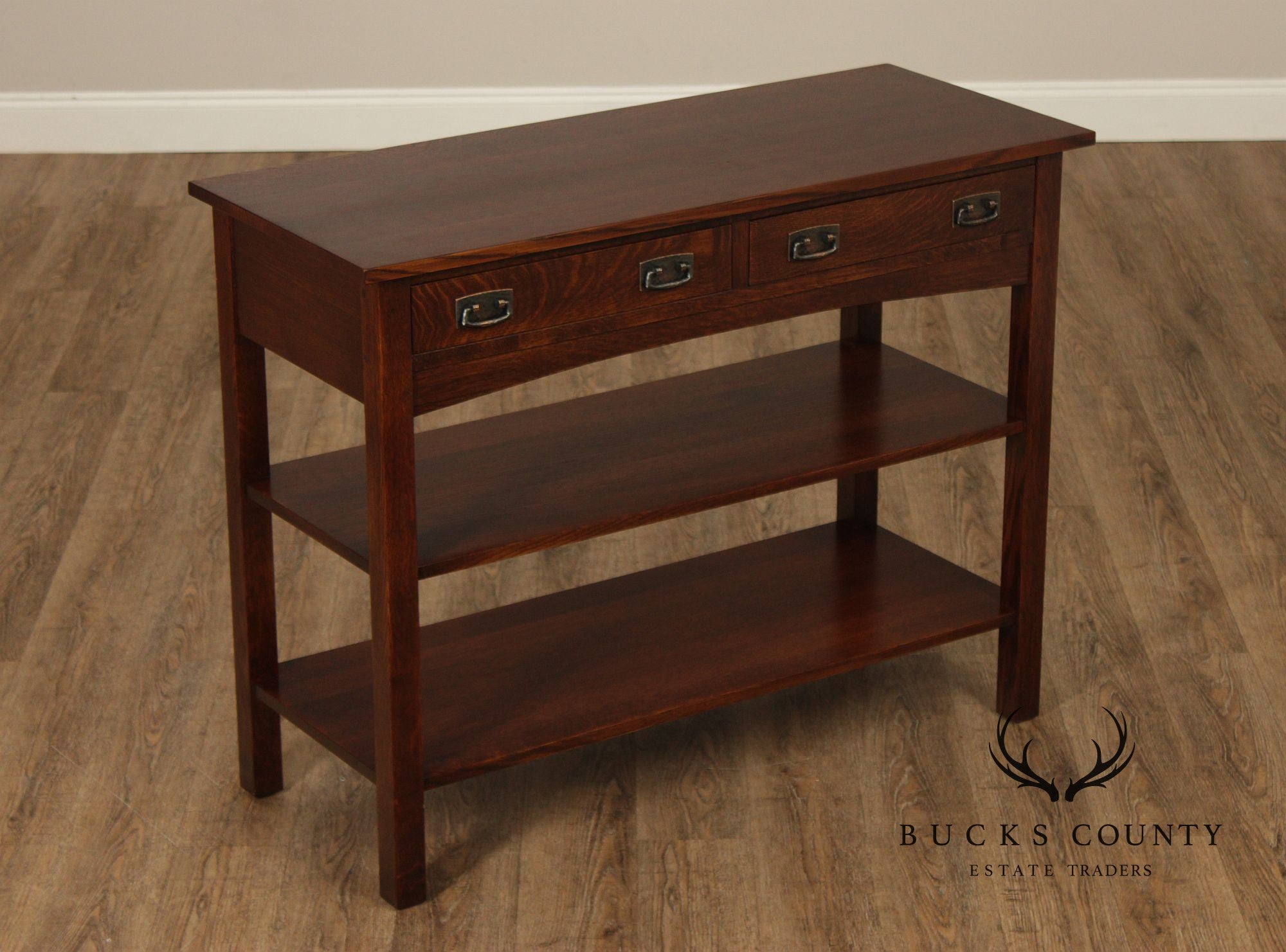 Stickley Mission Collection Oak Two Drawer Console Table With Shelves