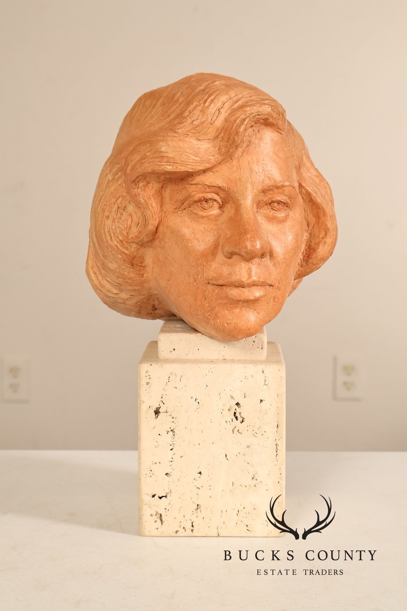 Contemporary Terracotta Female Portrait Bust Sculpture On Travertine Pedestal Base