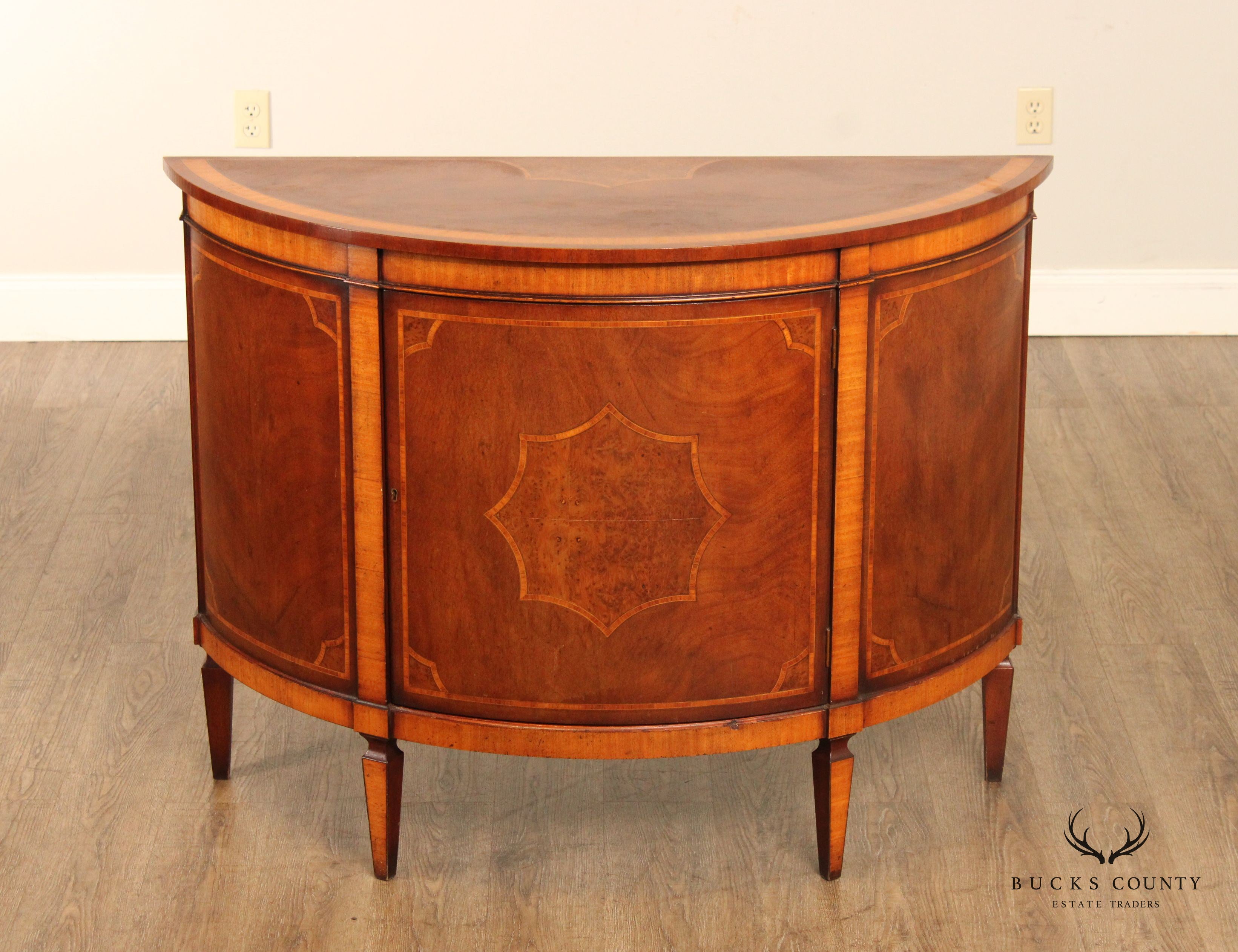 Regency Style Inlaid Walnut Demilune Cabinet Commode