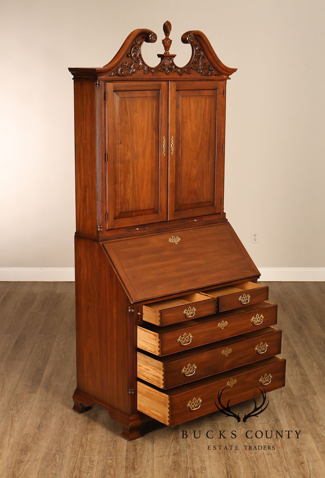HENKEL HARRIS CHIPPENDALE STYLE TWO PART BLACK WALNUT BLIND DOOR SECRETARY DESK