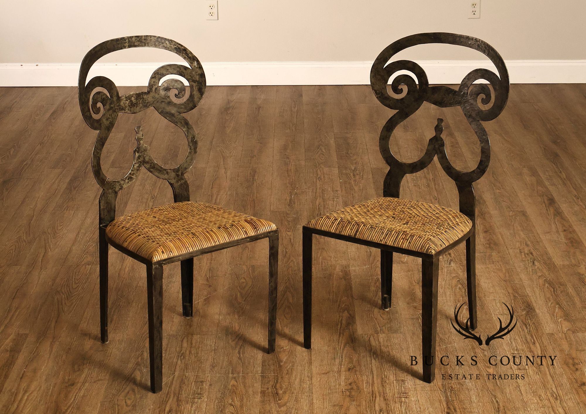 Biedermeier Style Pair Of Forged Iron And Woven Rattan Side Chairs