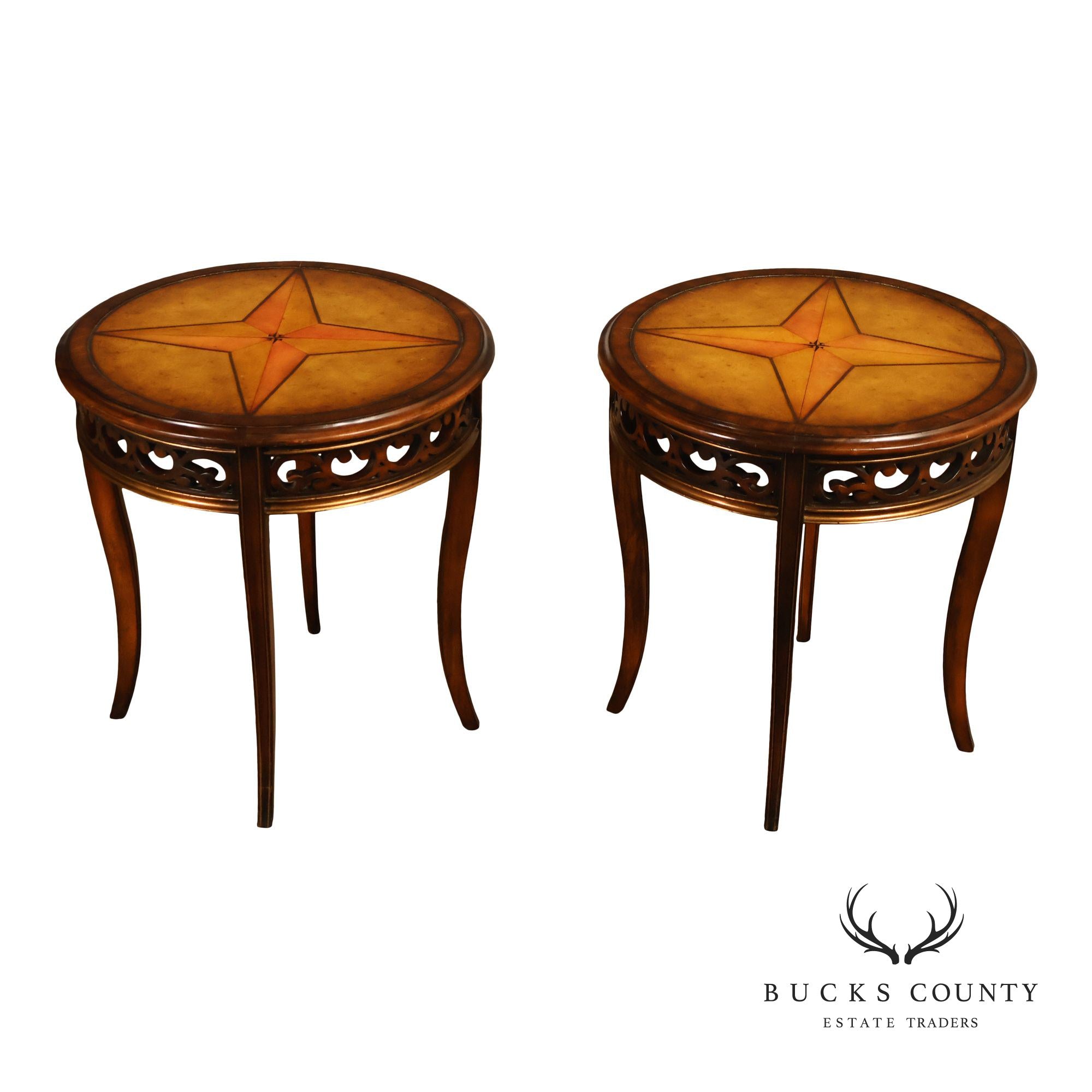 John Richard 'European Crossroads' Pair of Round Leather Top Lamp Tables