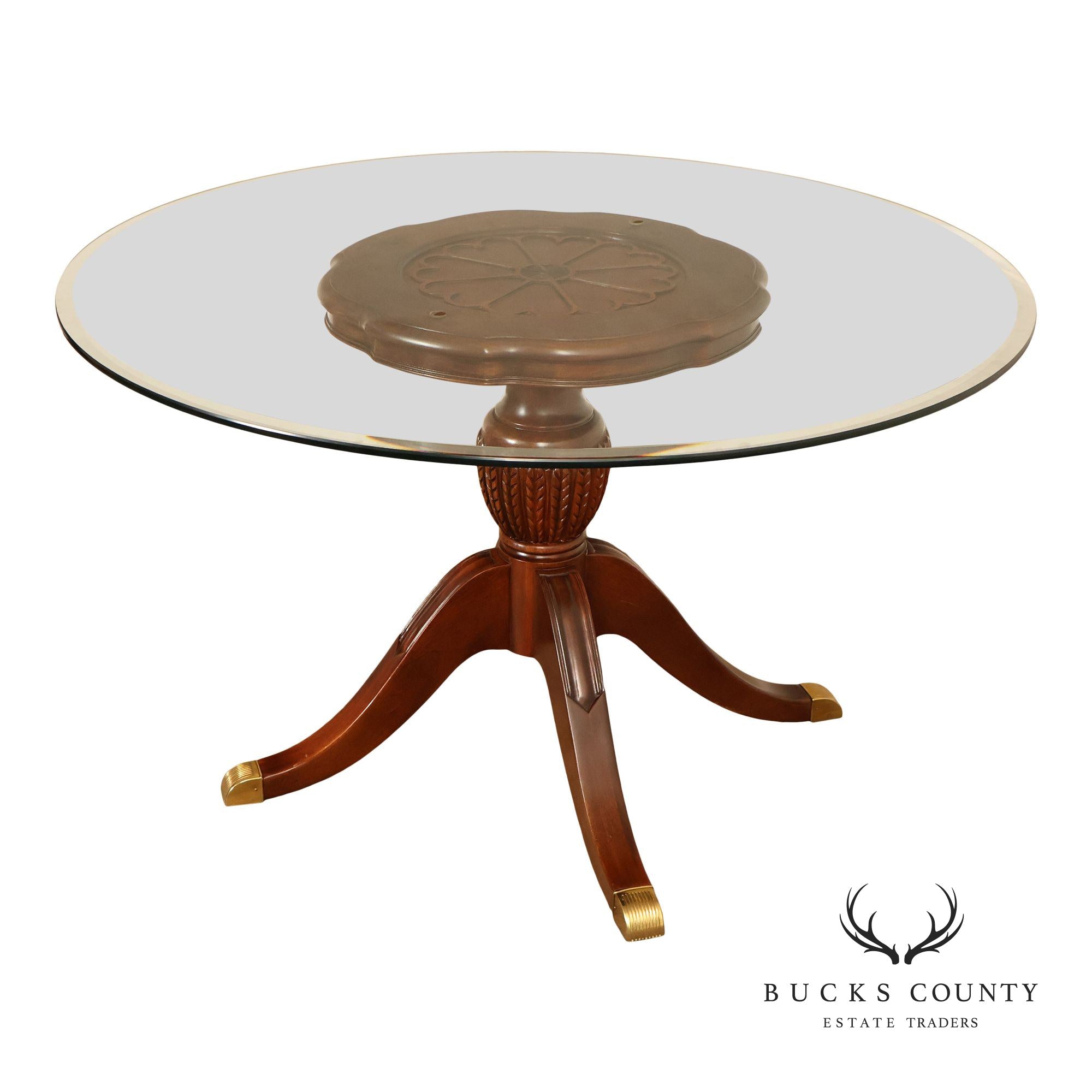 Lexington Furniture Round Glass Top Carved Mahogany Pedestal Table with Center Medallion