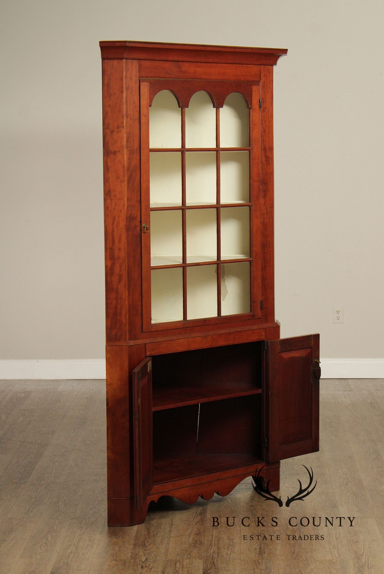 Antique American Cherry Two Piece Corner Cupboard