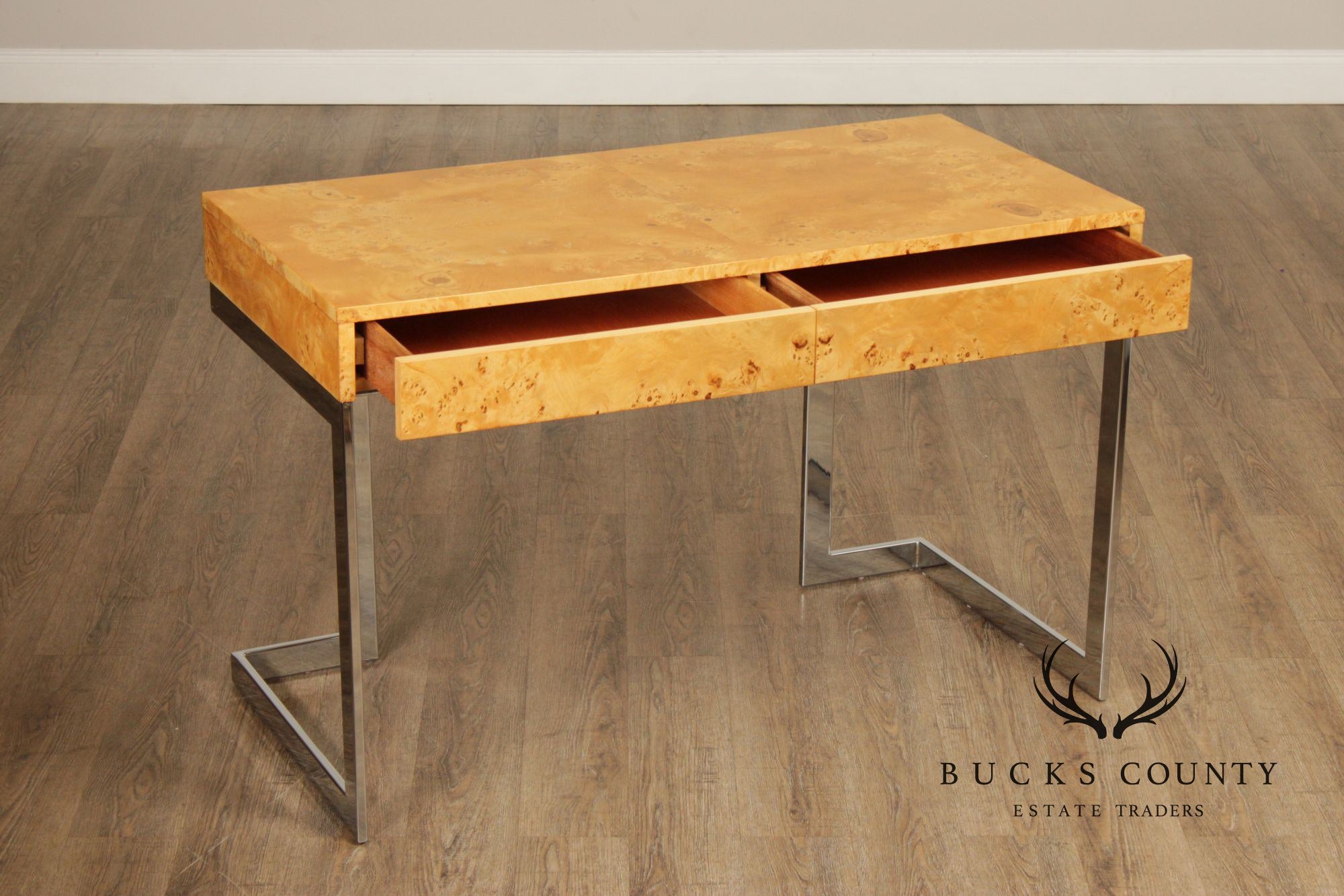 1970's Modern Burlwood and Chrome Writing Desk