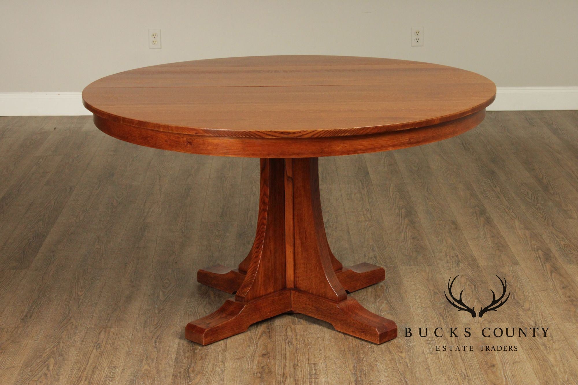 Stickley Mission Collection Round Oak Pedestal Expandable Dining Table