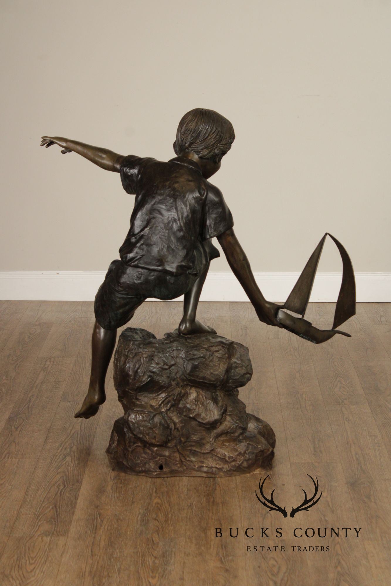 Bronze Life Size Garden Statue Of Boy With Sail Boat