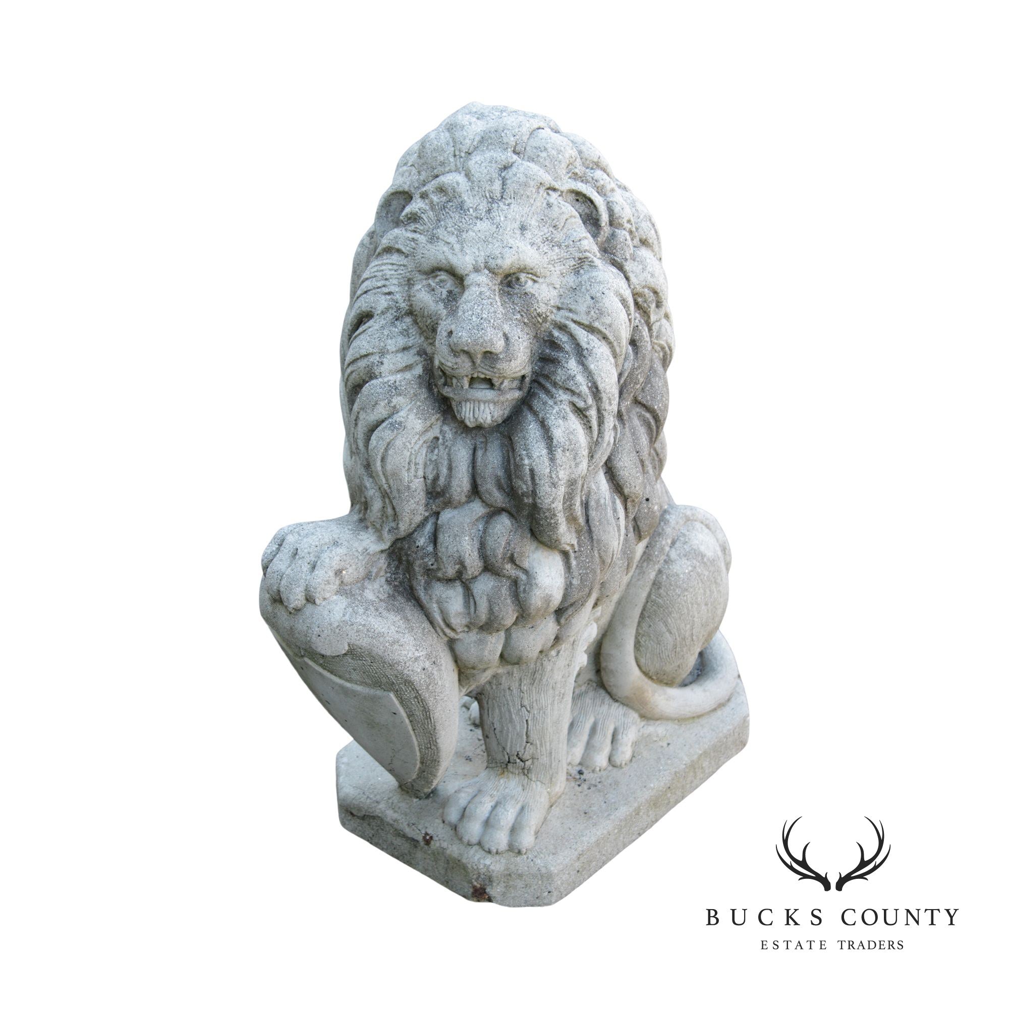 Vintage Cast Stone Lion with Shield Garden Statue