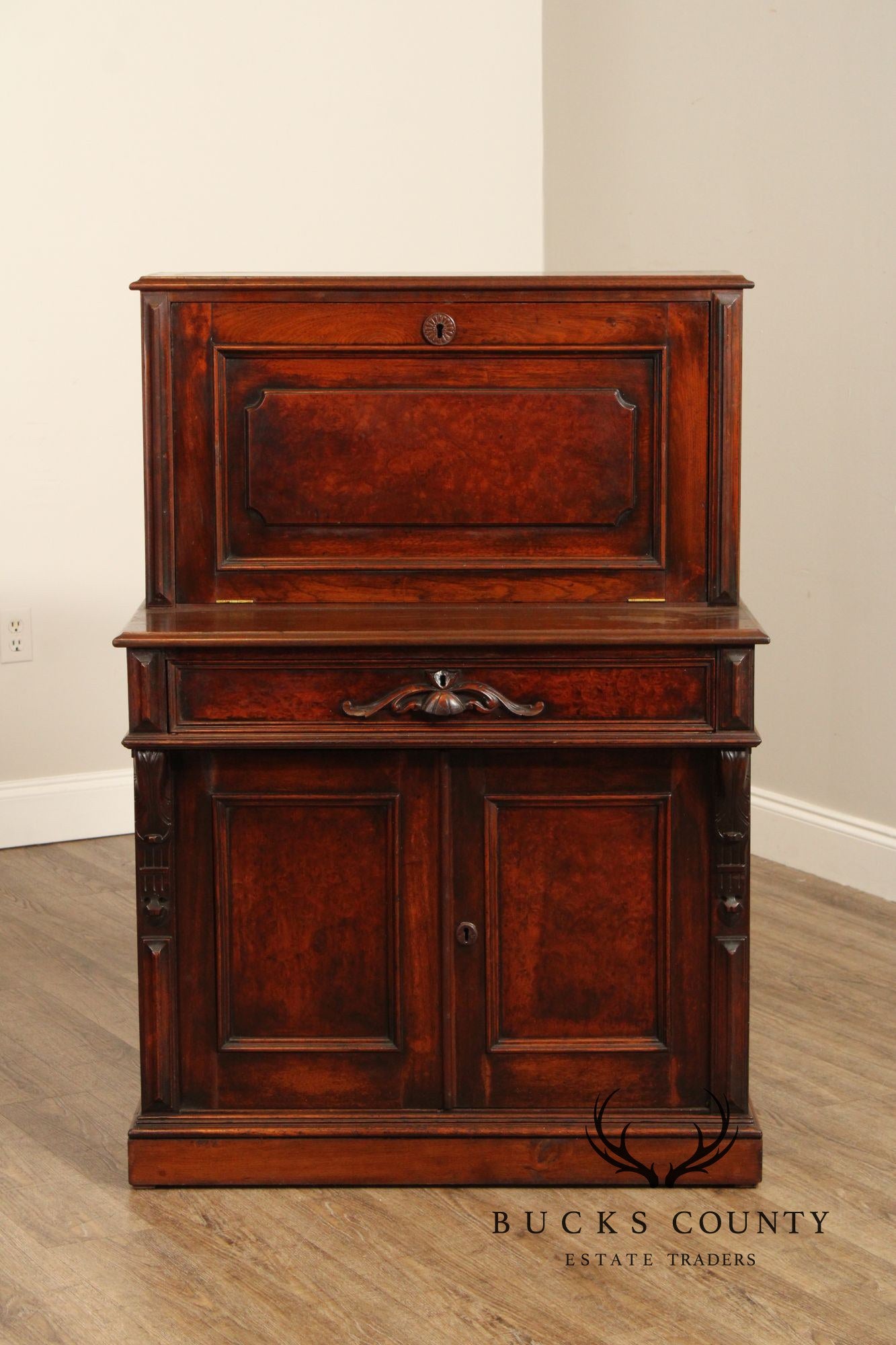 Antique Renaissance Revival Carved Walnut Drop-Front Desk