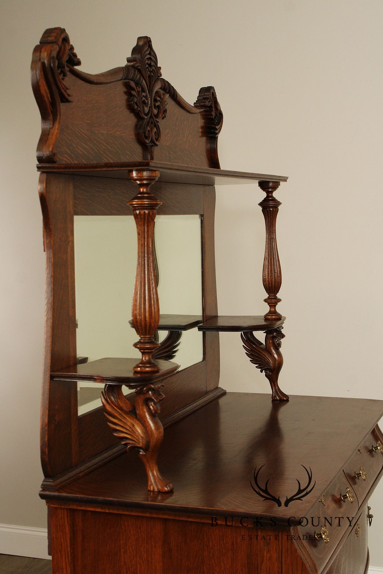Antique Victorian Renaissance Revival Mirrored Oak Sideboard