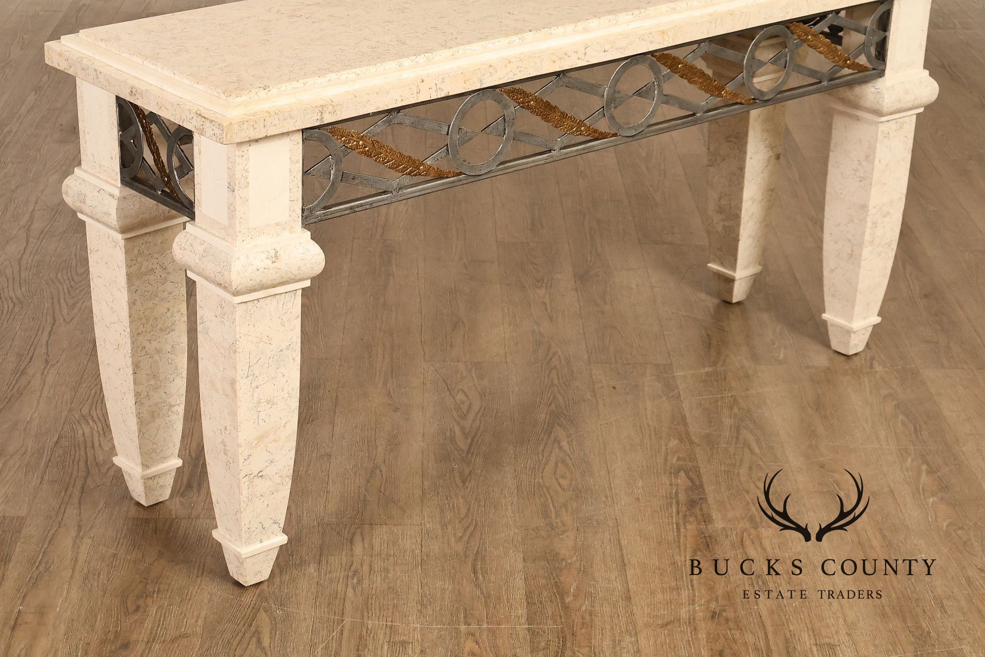 Neoclassical Style Travertine Console Table With Metal Stretcher