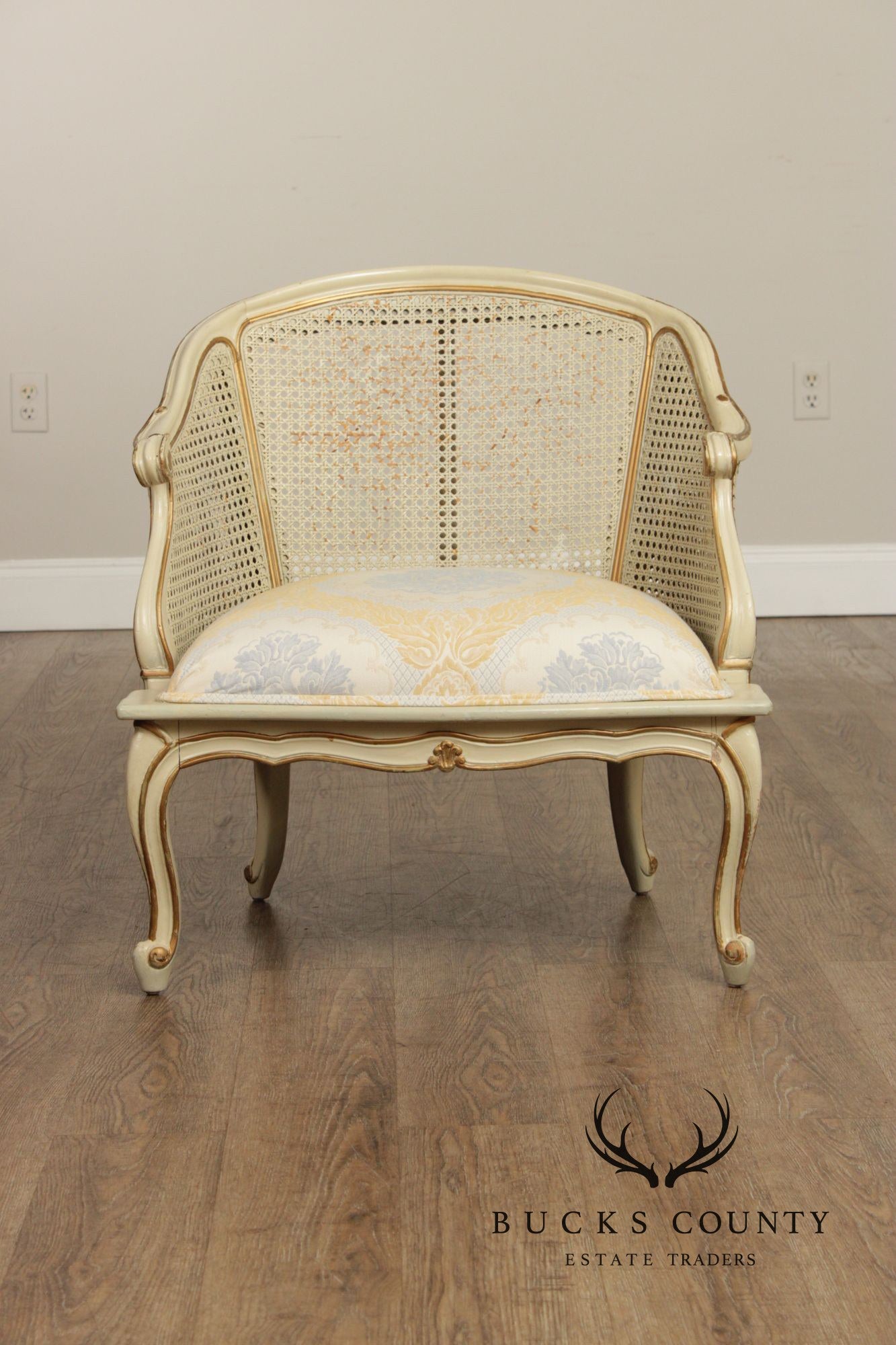 French Provincial Style Barrel Back Caned Lounge Chair and Ottoman