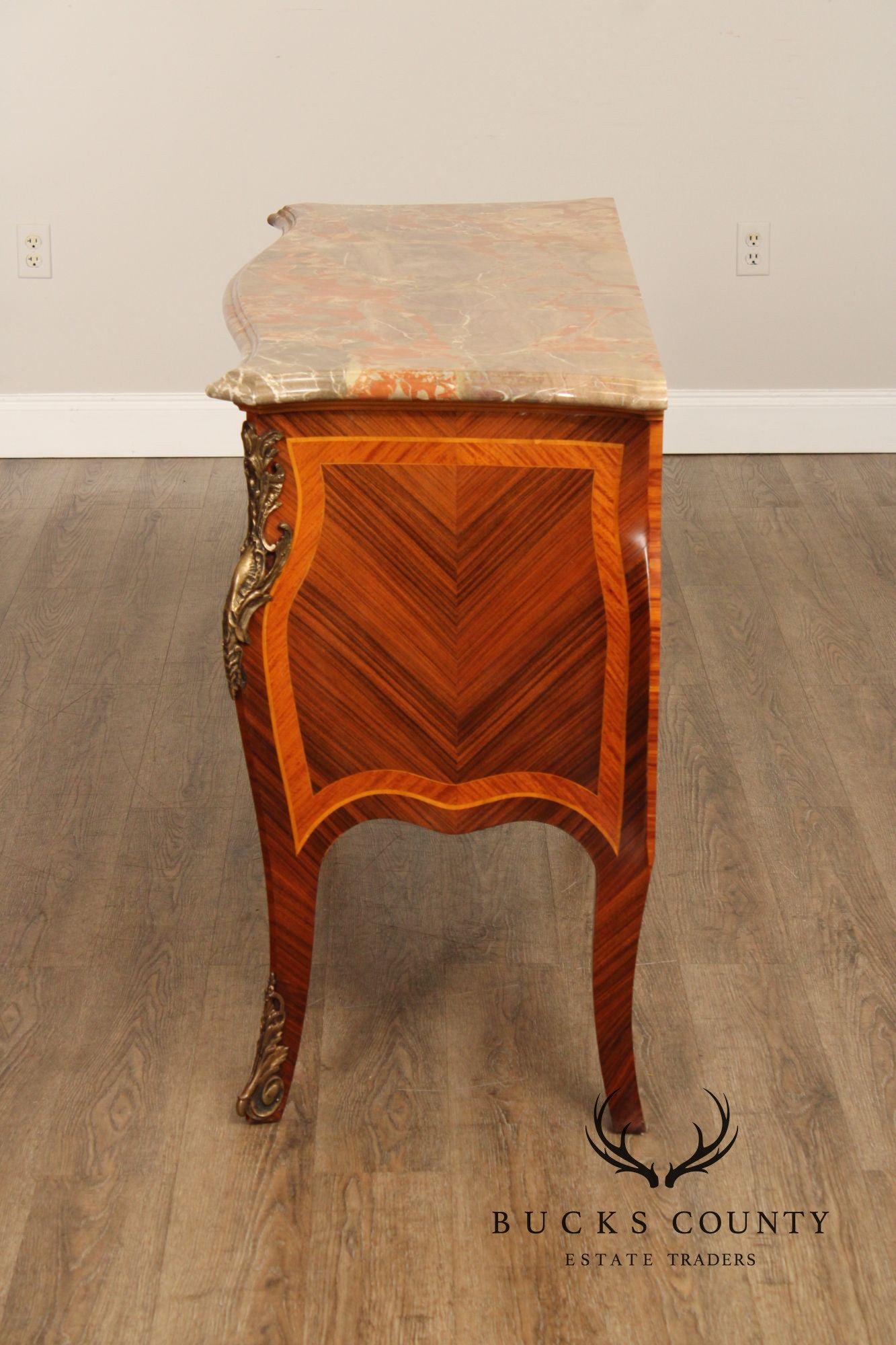 Louis XV Style Pair Of Marquetry Inlaid Marble Top Bombe Commodes