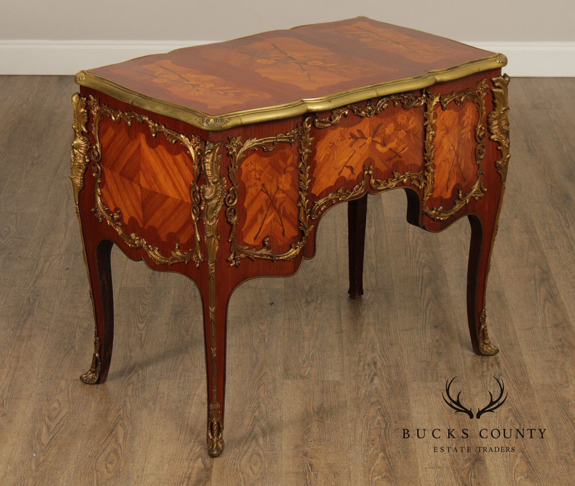 French Louis XV Style Marquetry Inlaid Bronze Mounted Knee Hole Desk