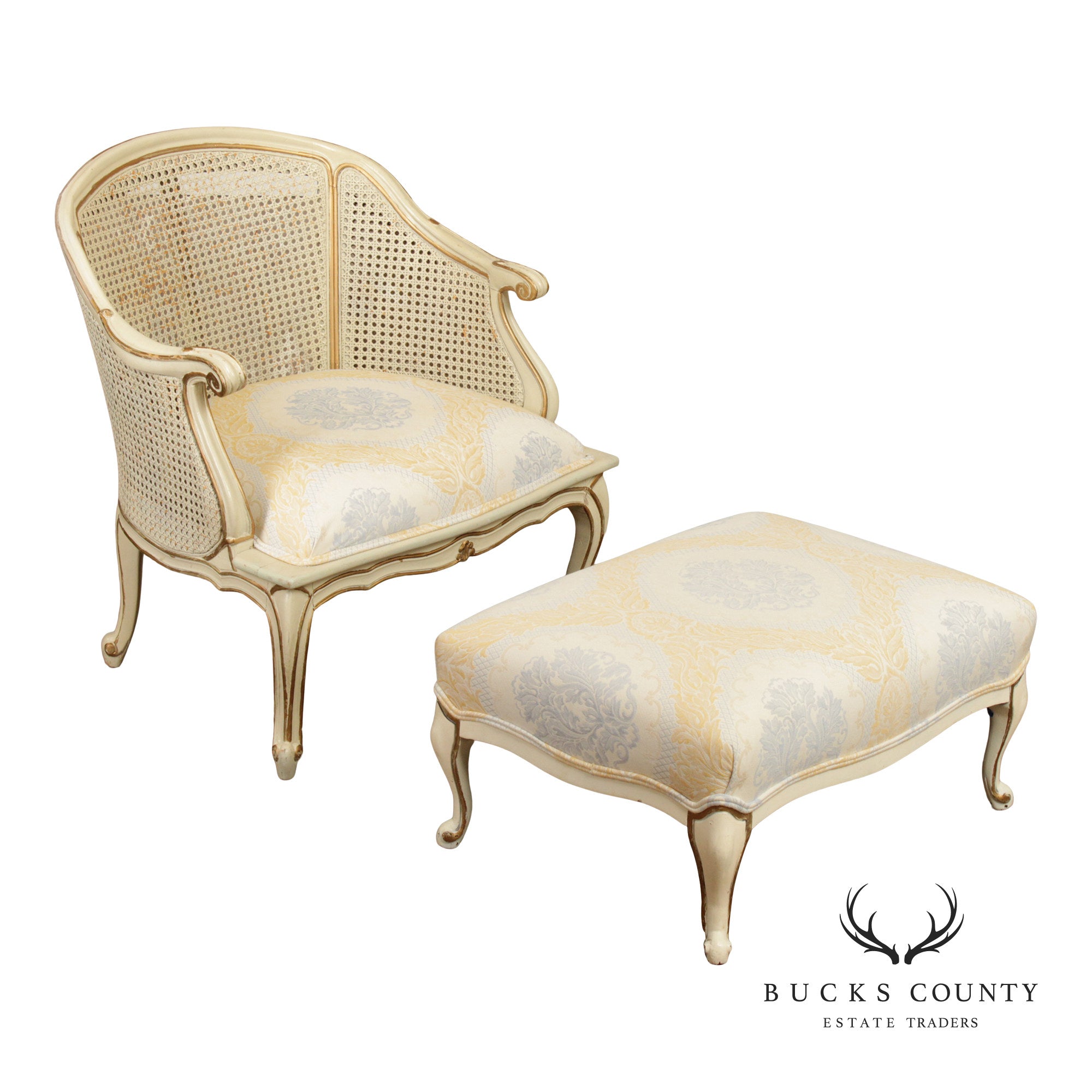French Provincial Style Barrel Back Caned Lounge Chair and Ottoman