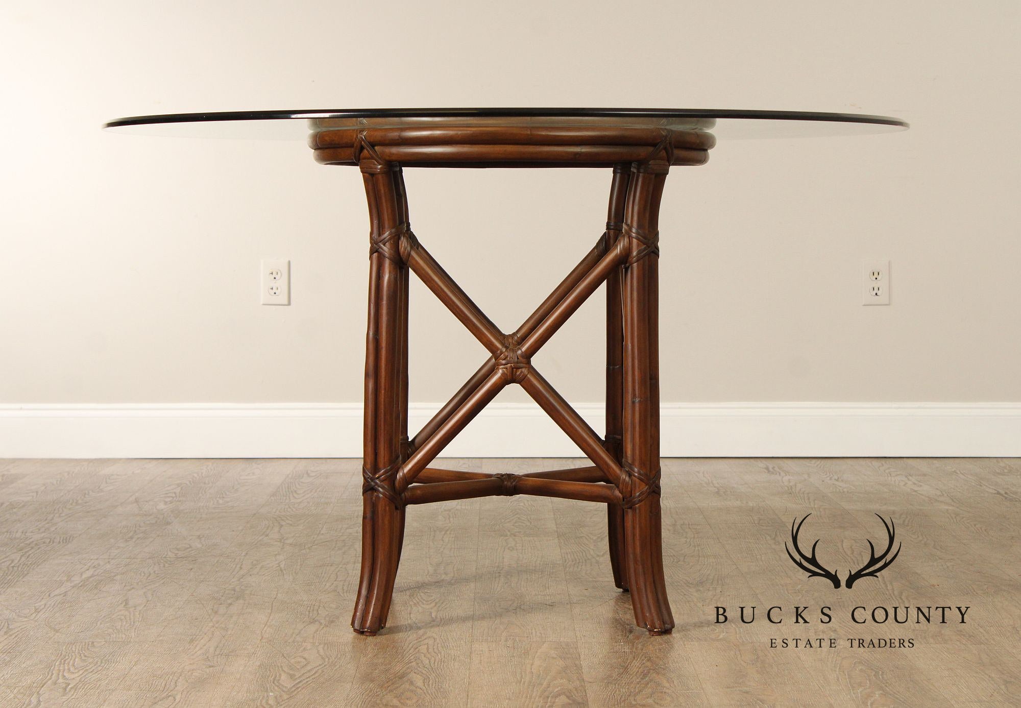 Hollywood Regency Round Glass Top Rattan Dining Table