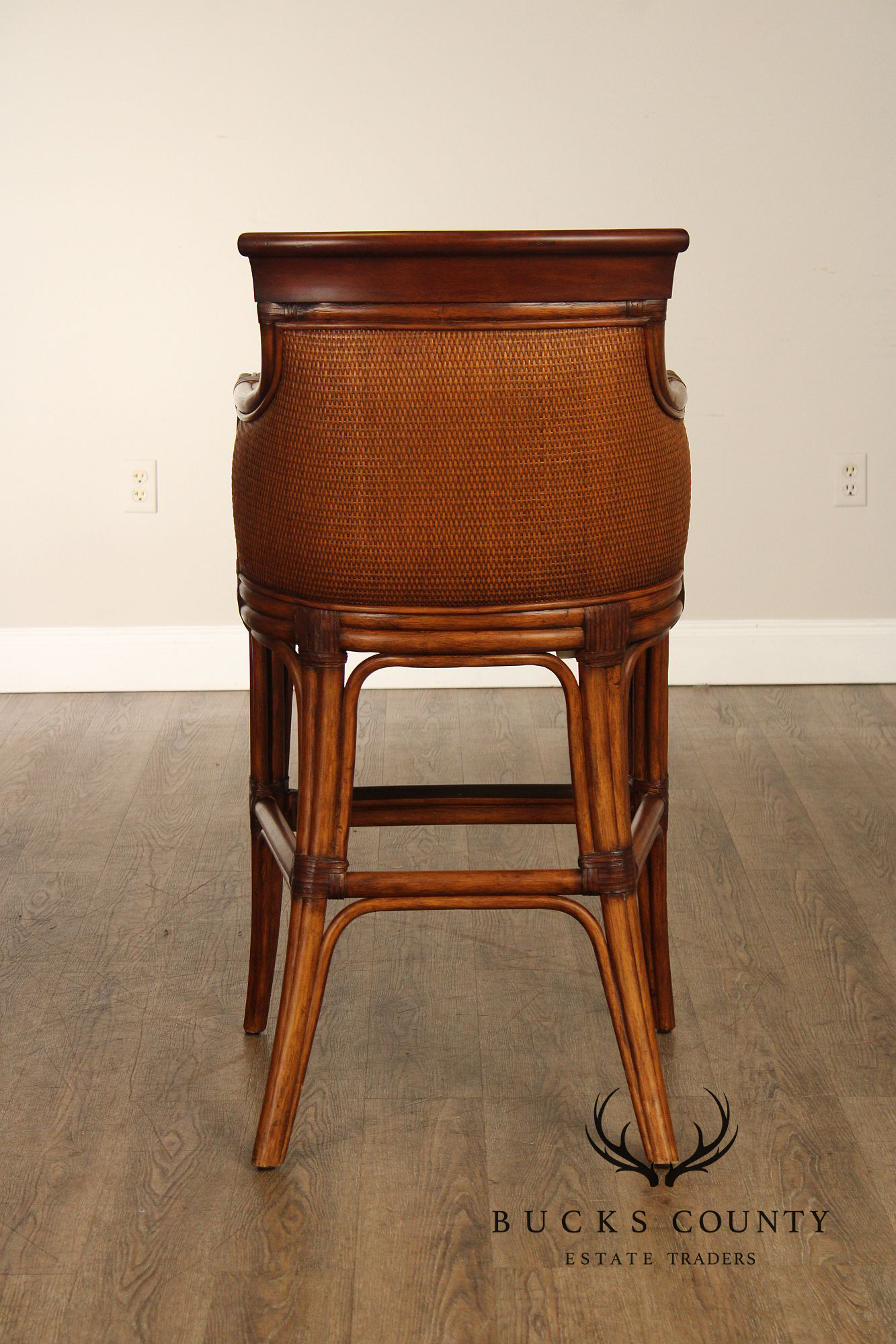 Pair Of Ethan Allen Leather And Rattan Bar Stools